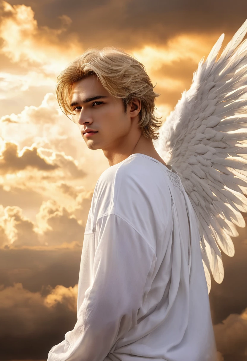 ((masterpiece, best quality)), fallen angel, very handsome, blond and medium hair, thin, huge and beautiful wings on his back, wearing white clothes, spiteful expression, looking at the viewer, golden clouds in the background, (((dark-skinned)))