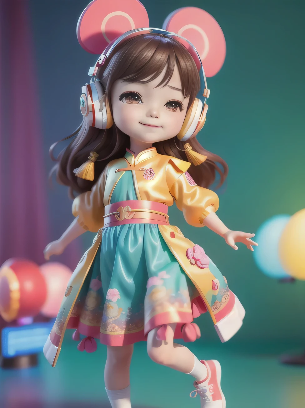 (Masterpiece), (Excellent), (Super Detailed), (Full Body: 1.2), A Q version of Super Cute Girl, Cute, , Fleshy Face, Smile, Brunette Hair, Dreamy, Super Cute, IP by pop-mart, High detail, Super quality, Bright colors, Disney style, fine gloss, 3D rendering, oc rendering, best quality, bright, front lighting, face shot, delicate gloss, 8k, colorful colors, Future ancient city、three girls 、headphones、stage、sunglasses,red Chinese tunic suit