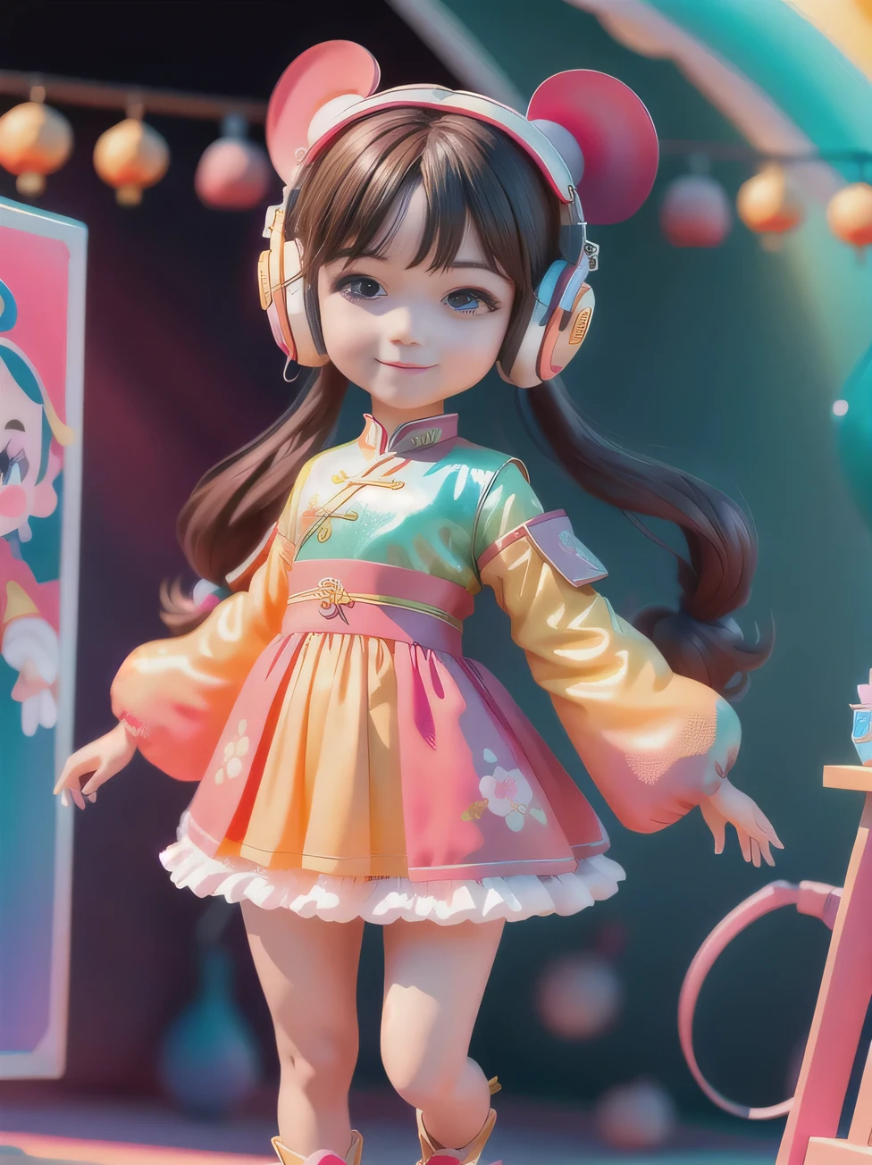 (Masterpiece), (Excellent), (Super Detailed), (Full Body: 1.2), A Q version of Super Cute Girl, Cute, , Fleshy Face, Smile, Brunette Hair, Dreamy, Super Cute, IP by pop-mart, High detail, Super quality, Bright colors, Disney style, fine gloss, 3D rendering, oc rendering, best quality, bright, front lighting, face shot, delicate gloss, 8k, colorful colors, Future ancient city、three girls 、headphones、stage、sunglasses,red Chinese tunic suit