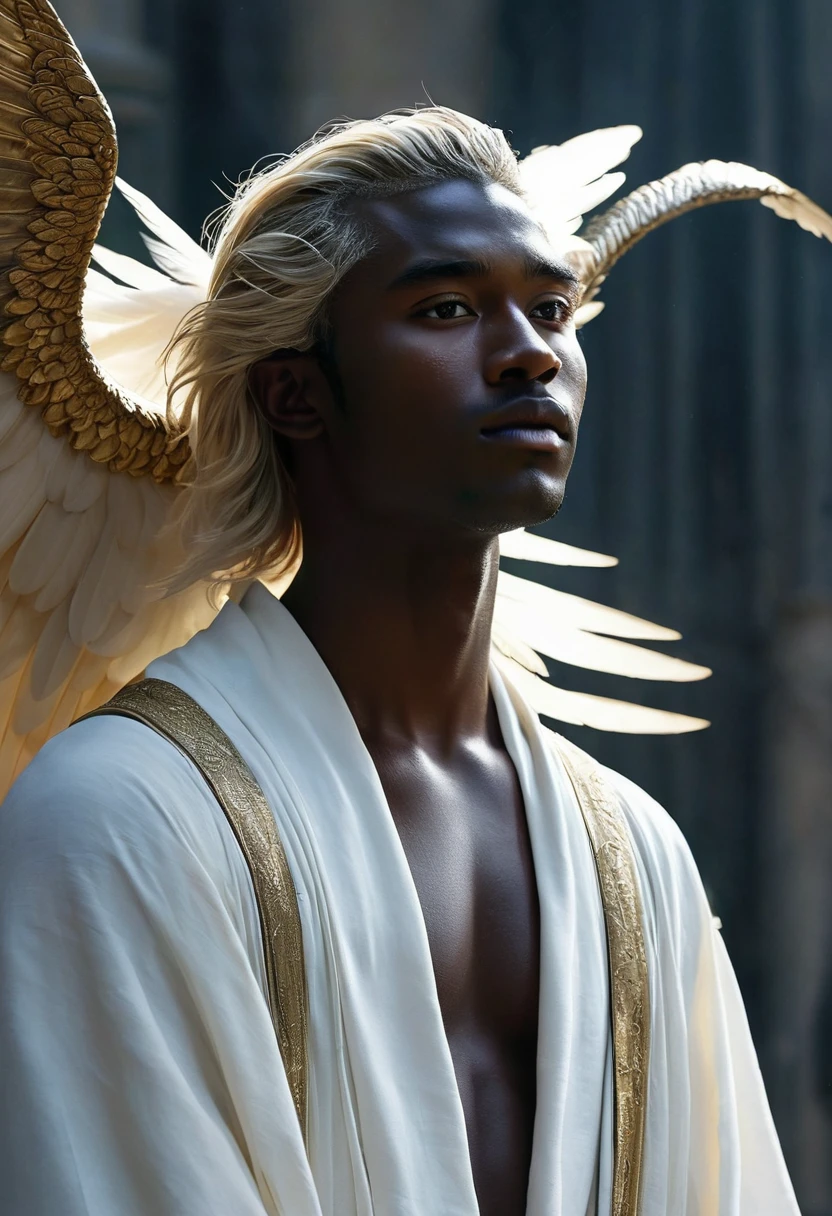 (((dark-skinned))), He was so beautiful, so beautiful that he didn't resemble a mortal at all. Although tall, it does not give people a sense of oppression at all, and the slender melon seed face seems to break when touched. He seems to be an angel trapped in mortal wombs, and does not belong to mortal dust at all. That dreamlike beauty, his light blonde hair resembled a rare metal that captures light, and his eyes resembled blue gems from another world. Even the darkness seemed to be afraid of him because of fear, it was clear that it was late at night, but he was bathed in moonlight, and his whole body was shining, like a god coming on a whim. He is like the ancient royal family depicted in famous paintings, as if he is not an earthly person, and he is indescribably beautiful. With large wings and falling feathers behind him, he was like a divine residence descending from heaven, wearing a white-gold robe, sacred and elegant