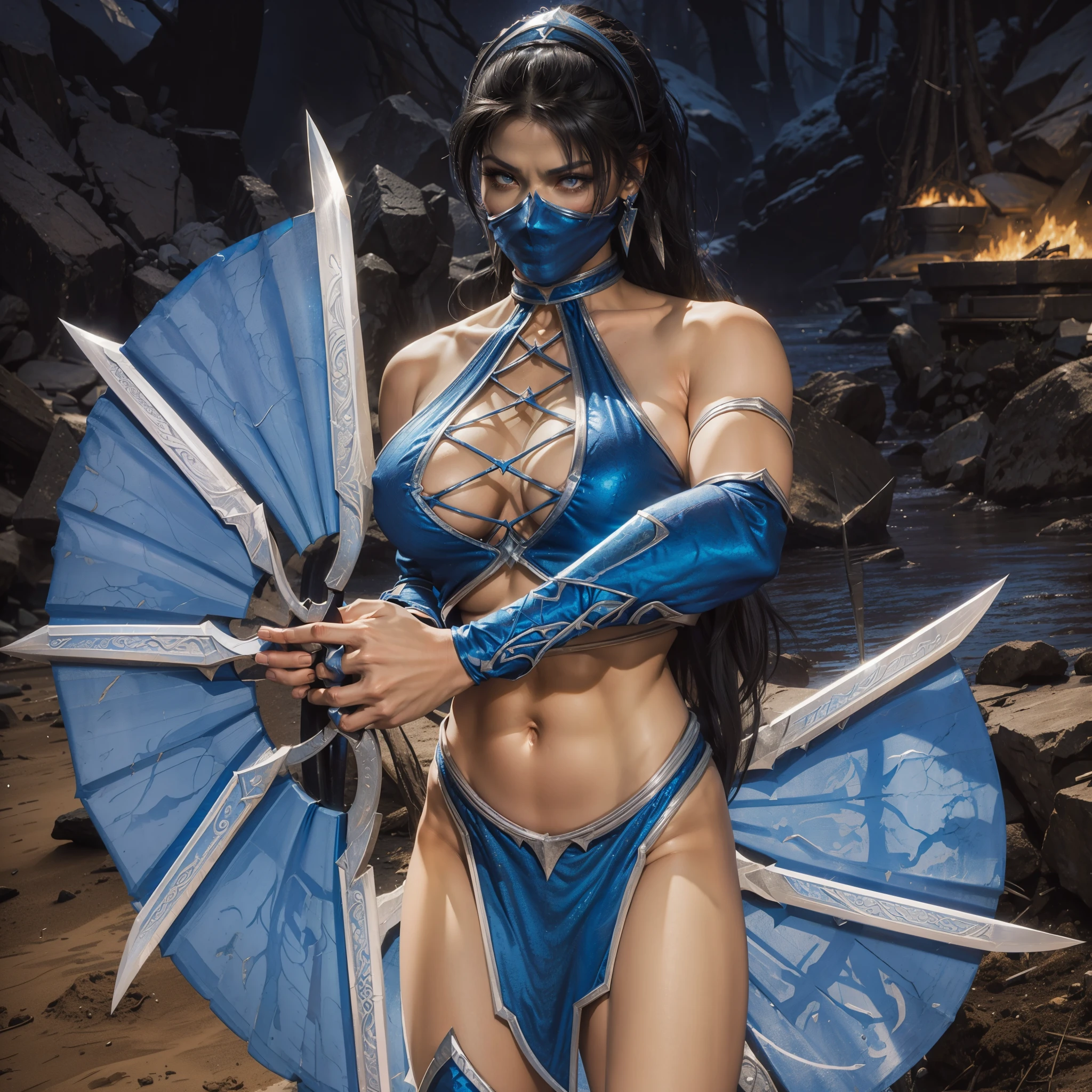 arafed woman in a blue costume holding a blue fan, kitana from mortal kombat, mk ninja, blue and ice silver color armor, wielding kunai, costume with blue accents, character from mortal kombat, freezing blue skin, in mortal kombat, inspired by Li Mei-shu, badass pose, pale blue armor, 2 k, 2k