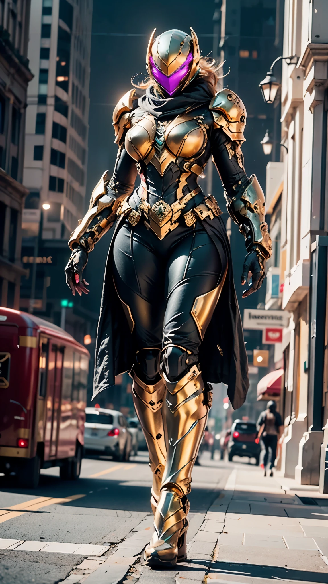 A woman adorned in fantasy-style full-body armor, a crown-concept fully enclosed helmet that unveils only her eyes, a composite layered chest plate, fully encompassing shoulder and hand guards, a lightweight waist armor, form-fitting shin guards, the overall design is heavy-duty yet flexible, ((the armor gleams with a golden glow, complemented by red and blue accents)), exhibiting a noble aura, she floats above the Futuristic city, this character embodies a finely crafted fantasy-surreal style armored hero in anime style, exquisite and mature manga art style, (beetle concept Armor, photorealistic:1.4, real texture material:1.2), ((city night view, elegant, goddess, femminine:1.5)), metallic, high definition, best quality, highres, ultra-detailed, ultra-fine painting, extremely delicate, professional, anatomically correct, symmetrical face, extremely detailed eyes and face, high quality eyes, creativity, RAW photo, UHD, 32k, Natural light, cinematic lighting, masterpiece-anatomy-perfect, masterpiece:1.5