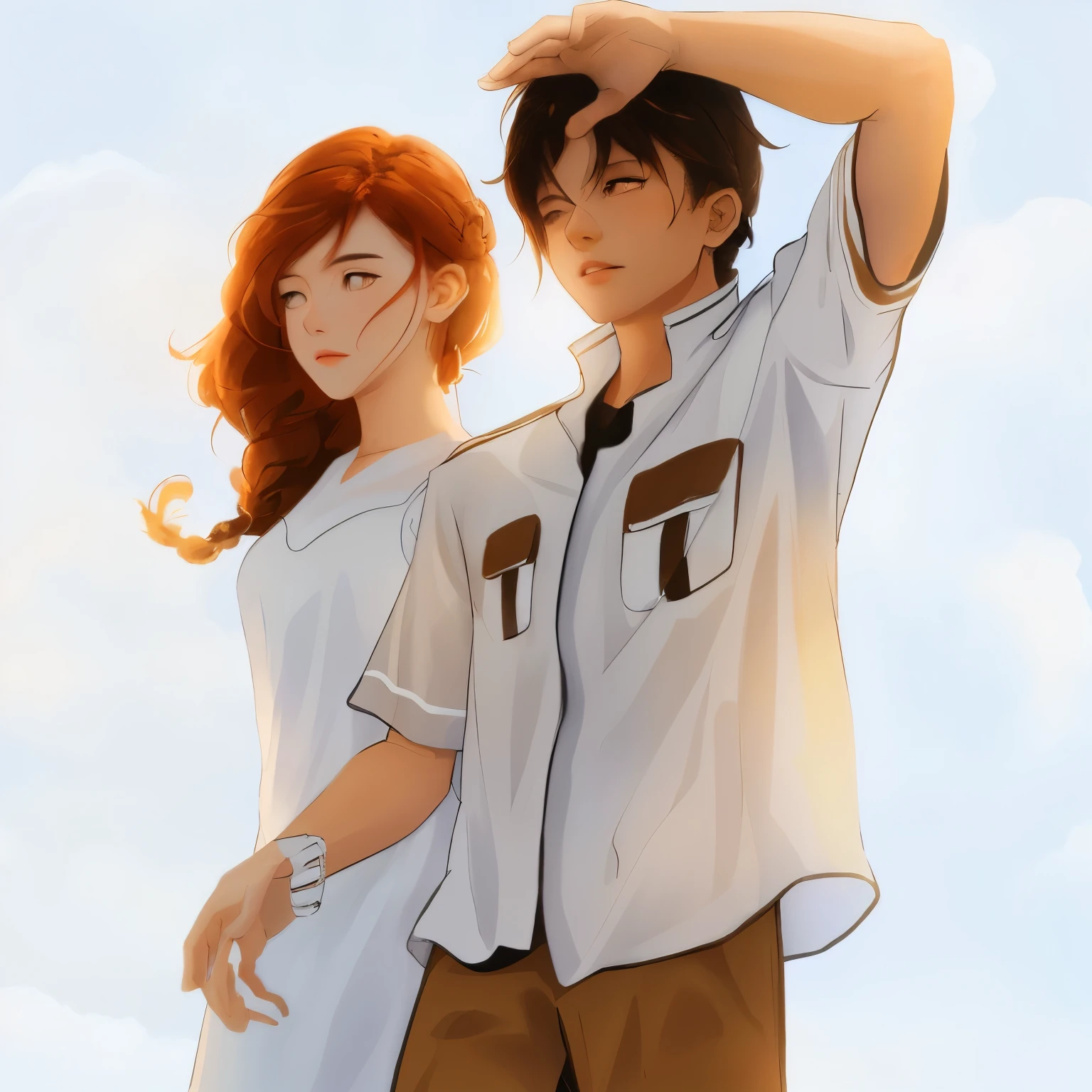 black-haired girl with braids on the left in sleveless white dress, ginger-haired man in plain brown shirt covering his eyes, simple blue sky, sunny, detailed color, ultra detailed best quality