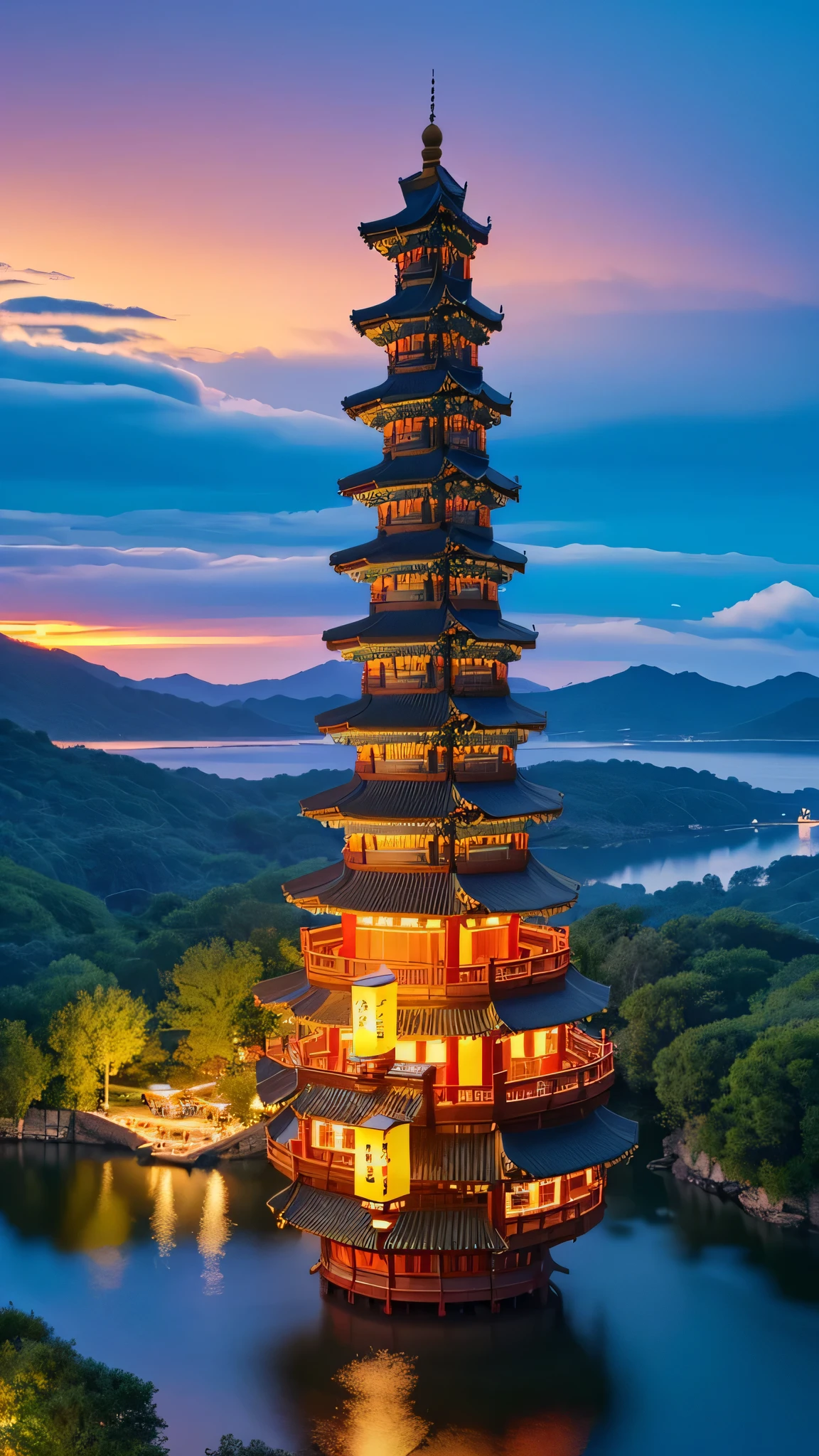 floating island，colorful clouds，Chinatown Building，Kongming Lantern，Romantic，fantasy，beautiful，spectacular view，32k