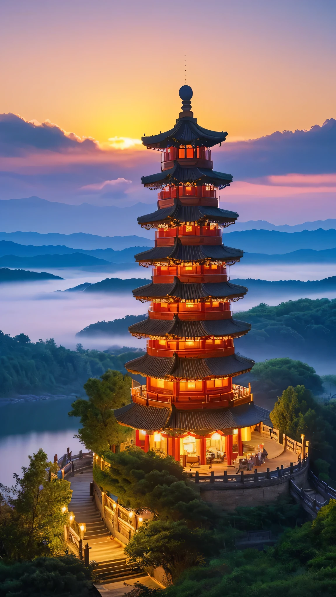 floating island,colorful clouds,Chinatown Building,Kongming Lantern,Romantic,fantasy,beautiful,spectacular view,32k