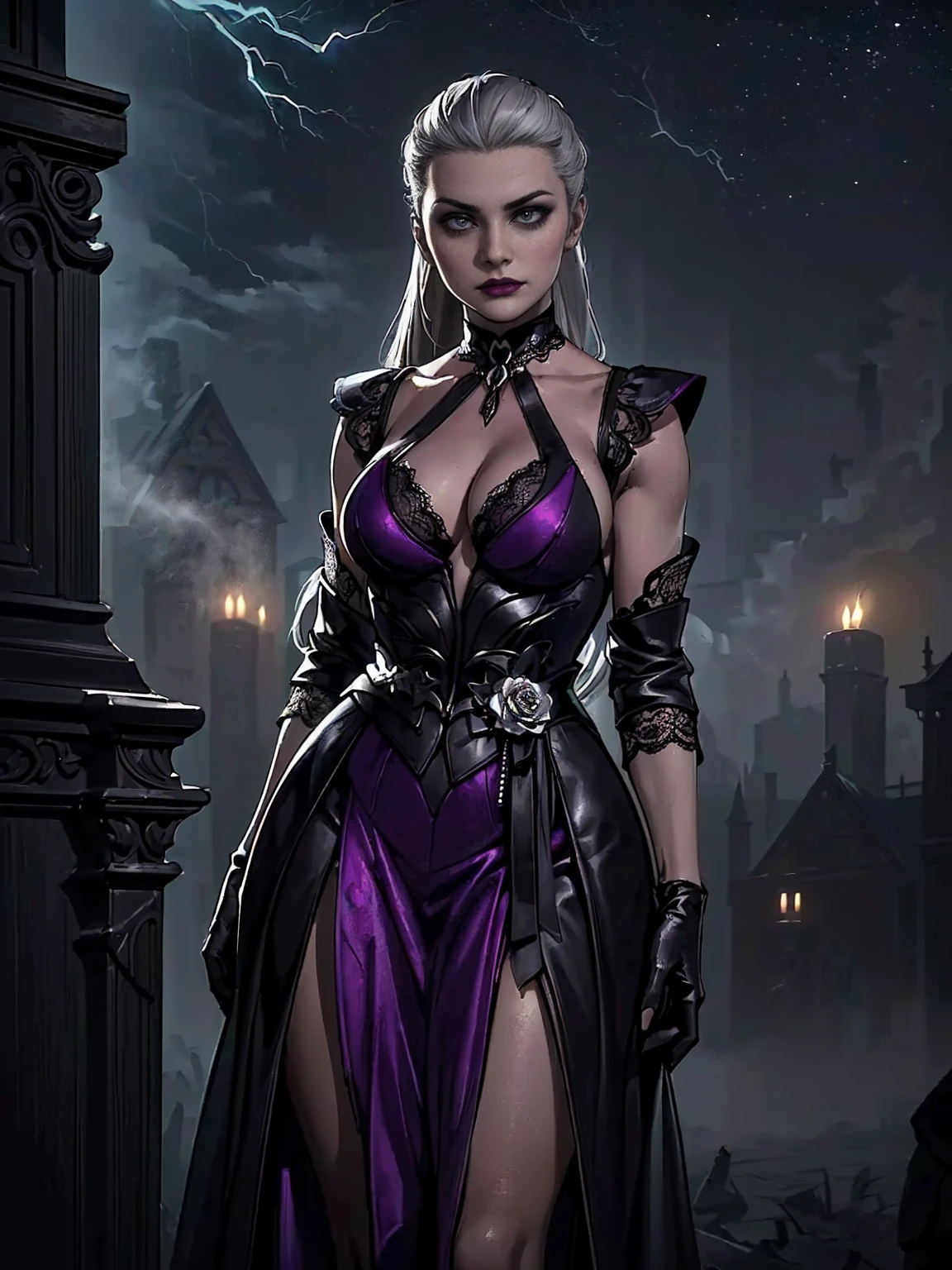 (((1girl, solo ,alone, Mortal Kombat 11: Aftermath, elegant and flawless face, Sindel, gray hair, Sidel hair, long hair pulled back, long hair slicked back, multicolored hair. ((wearing a nightgown)). semi-transparent. (It is a luxury suite that boasts richness and elegance). (Dark night sky with stars), Dynamic Posture, imposing expression, air of superiority, glamorous, arrogant)), ((night, (wolf),sexy dress, solo, 1woman, pink lipstick, Extremely detailed, ambient soft lighting, 4k, perfect eyes, a perfect face, perfect lighting, a 1girl)), (shy, highest quality, masterpiece:1.2), High-definition RAW color photo, Professional, cinematic light, gothic aesthetics, horror, eerie atmosphere, dark shadow, unforgettably beautiful, creepy landscape, gothic architecture, eerie atmosphere, decaying ruins, foggy fog, dramatic lighting, dark color, creepy details, (beautiful woman, Flowing Black Dress, haunted house, cute presence, gothic fashion, lace and velvet, dark red dress and vclack), eerie storm clouds, Moonlight night, supernatural being, eerie shadow, gothic charm, romantic rose in a dark corner, Bright red roses, creeping vine, dripping candle, Secret Whispers、delicate carvings, Ancient curses, thunder and lightning, creepy fog and crows, medieval atmosphere, spiderweb, gorgeous chandelier、Gargoyle - decorated roof, bleeding statue, sublime beauty, gothic aesthetic