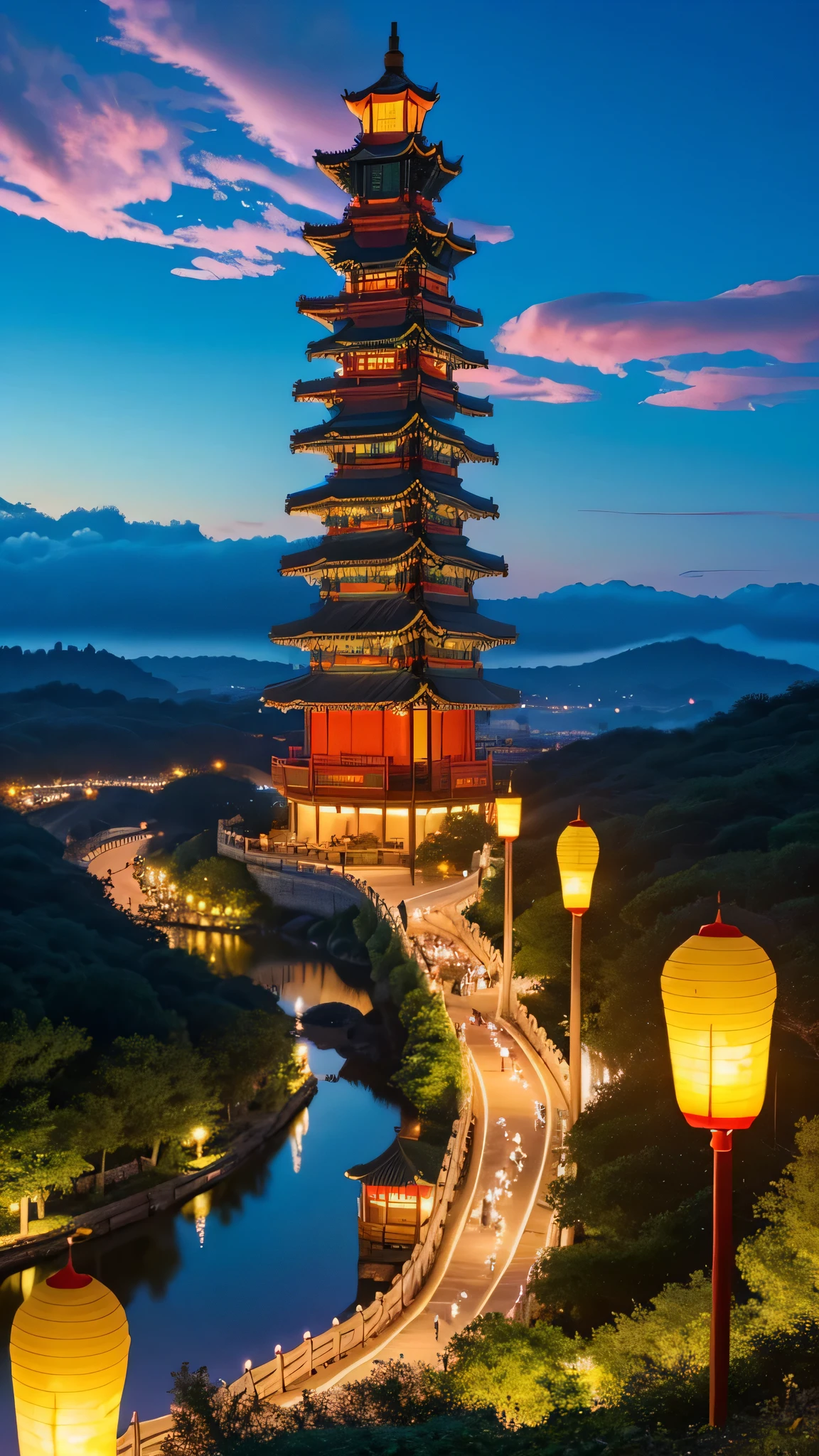 floating island,colorful clouds,Chinatown Building,Kongming Lantern,Romantic,fantasy,beautiful,spectacular view,32k