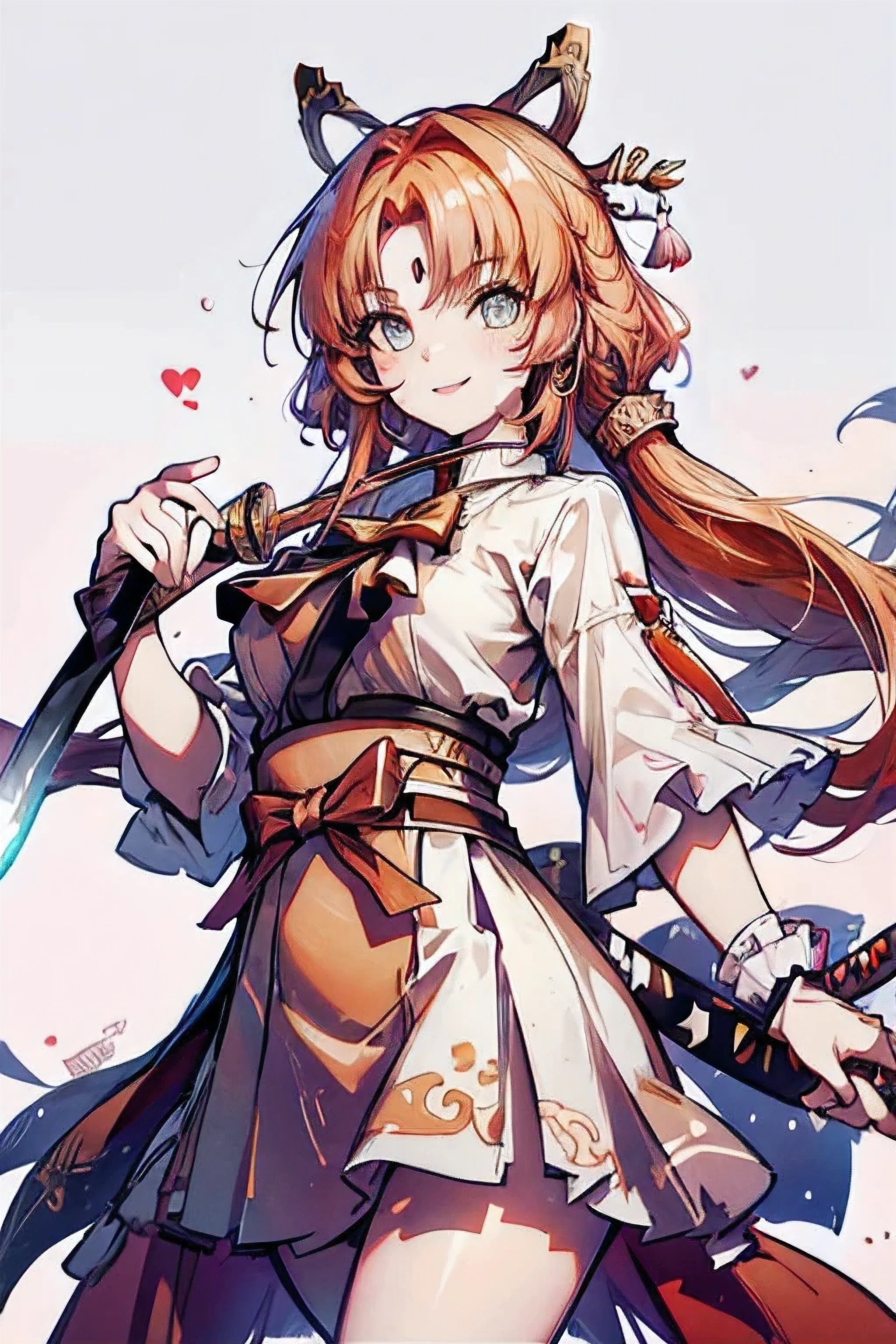 masterpiece , UHD , high definition , detailed eyes, epic background , draw a girl with orange hair , holding a katana, 1 girl , solo , looking at viewer , smiling ,