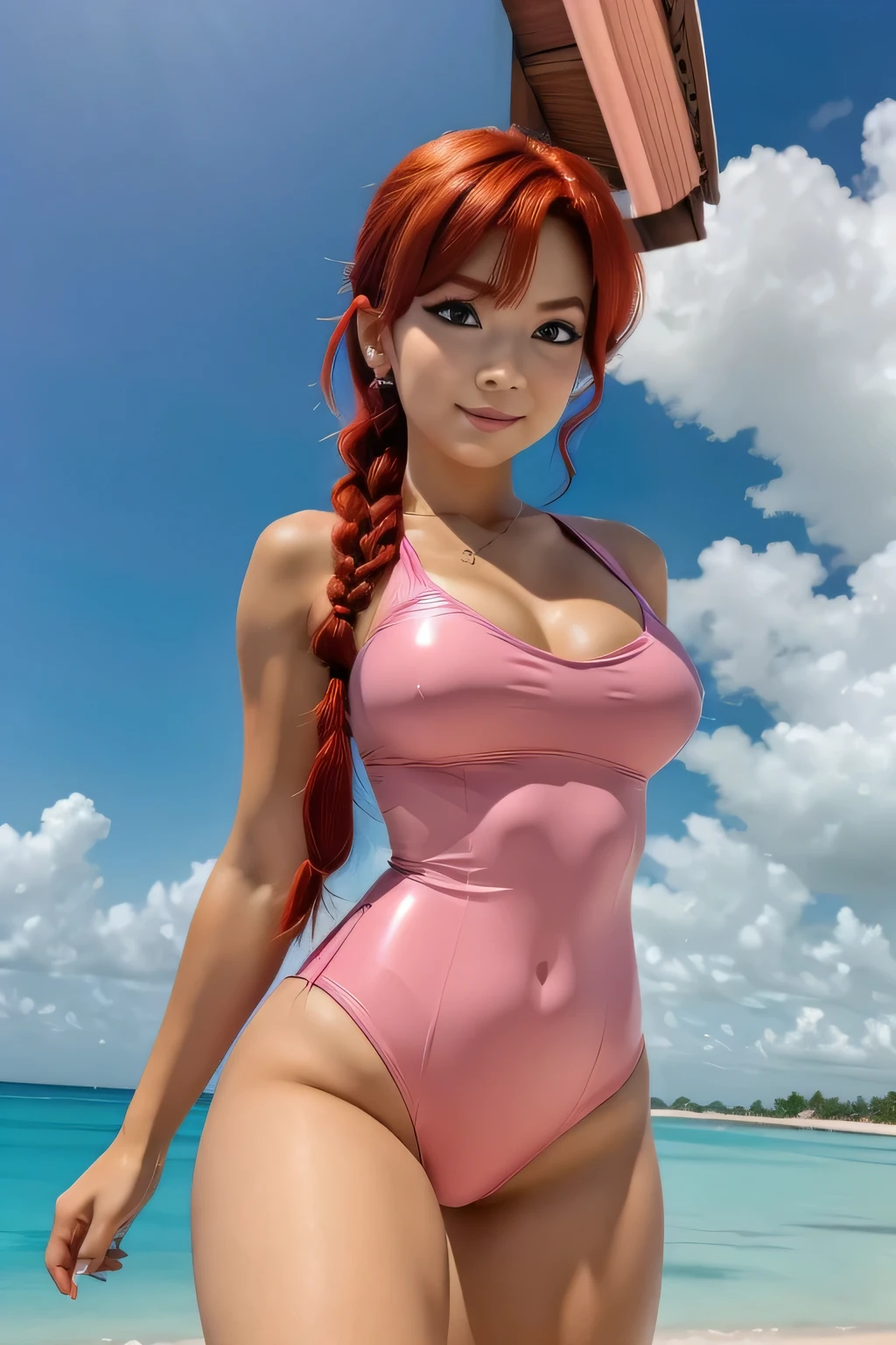 Redhead anime girl wearing pink latex swimsuit, 17 years, cuerpo perfecto, pechos grandes y redondos, cabello rojo con trenza, beautiful lighting, ojos azules, bonitas piernas, pelo con una trenza, estilo de registro, Ranma Chan, Autora Rumiko Takahashi, Basado en obra de Rumiko Takahashi, Anime ranma 1/2, grande , pechos grandes y redondos, sexy decoration, cadera robusta

