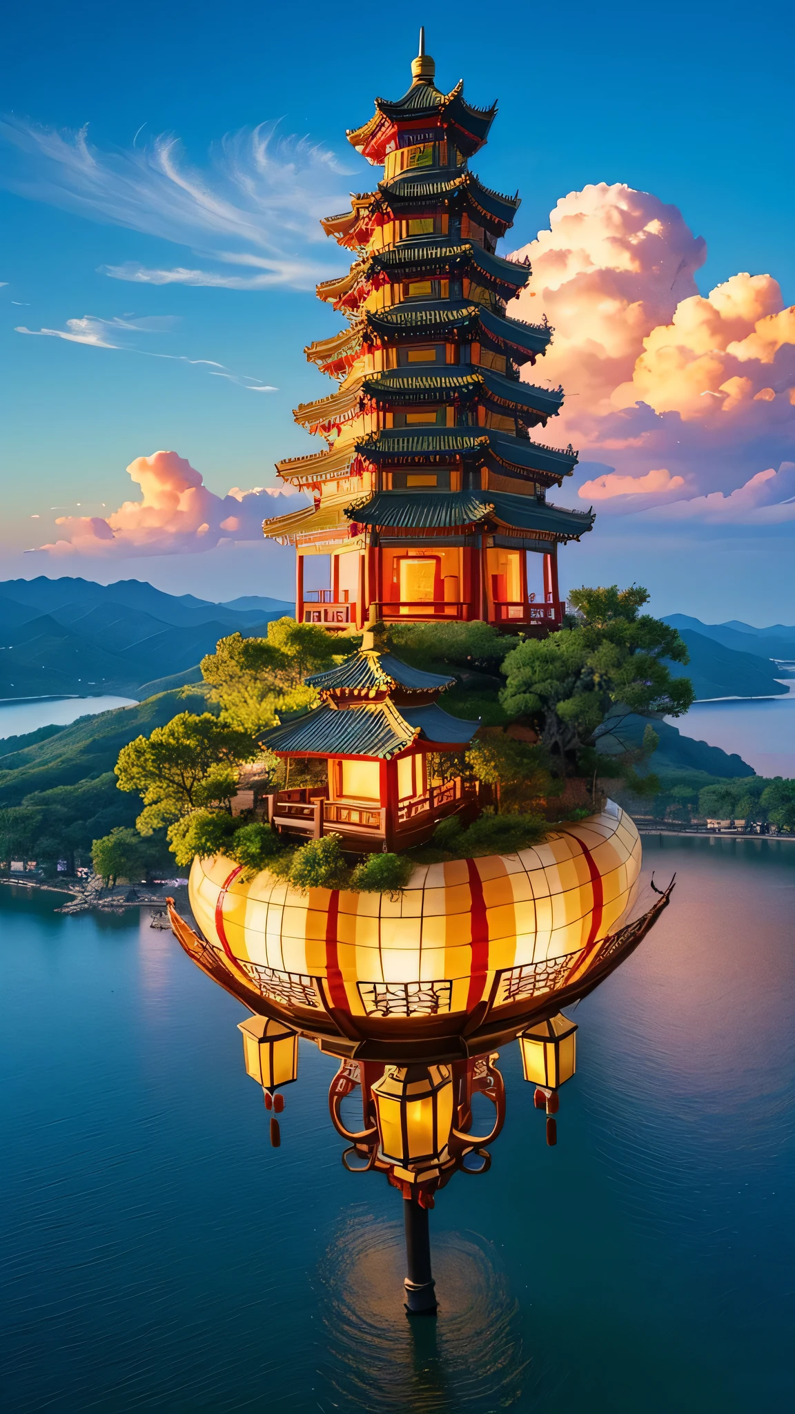 floating island，colorful clouds，Chinatown Building，Kongming Lantern，Romantic，fantasy，beautiful，spectacular view，32k