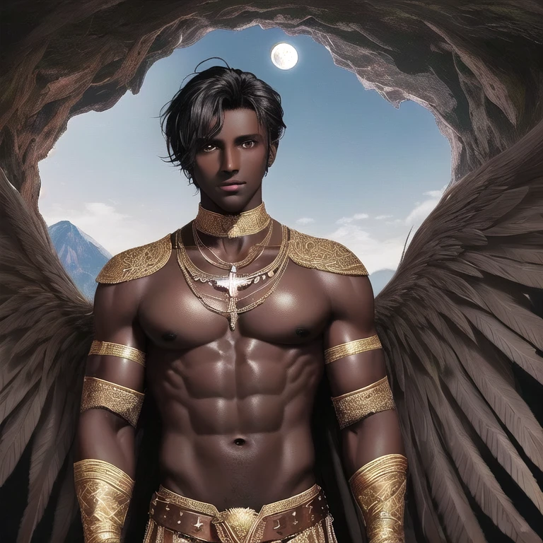 (((dark-skinned))), 1 man, angel (4 wings), dark face, handsome, dark skinned, bare-chested, bouncing, star necklace, pink, six-pack, nipple piercing, dull, sweat, background detail, valley, large bird's nest, cave, sky, mountain peak, moon, daytime