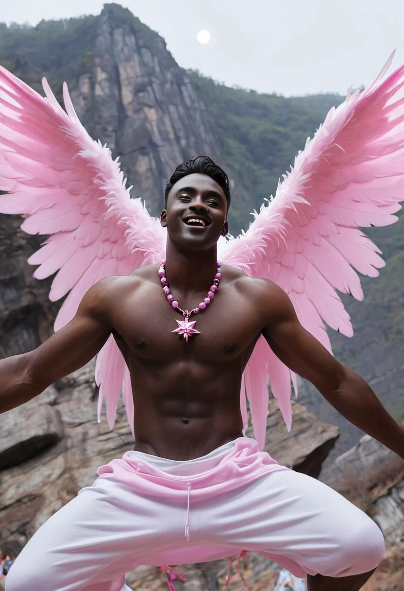 (((dark-skinned))), 1 man, angel (4 wings), dark face, handsome, dark skinned, bare-chested, bouncing, star necklace, pink, six-pack, nipple piercing, dull, sweat, background detail, valley, large bird's nest, cave, sky, mountain peak, moon, daytime