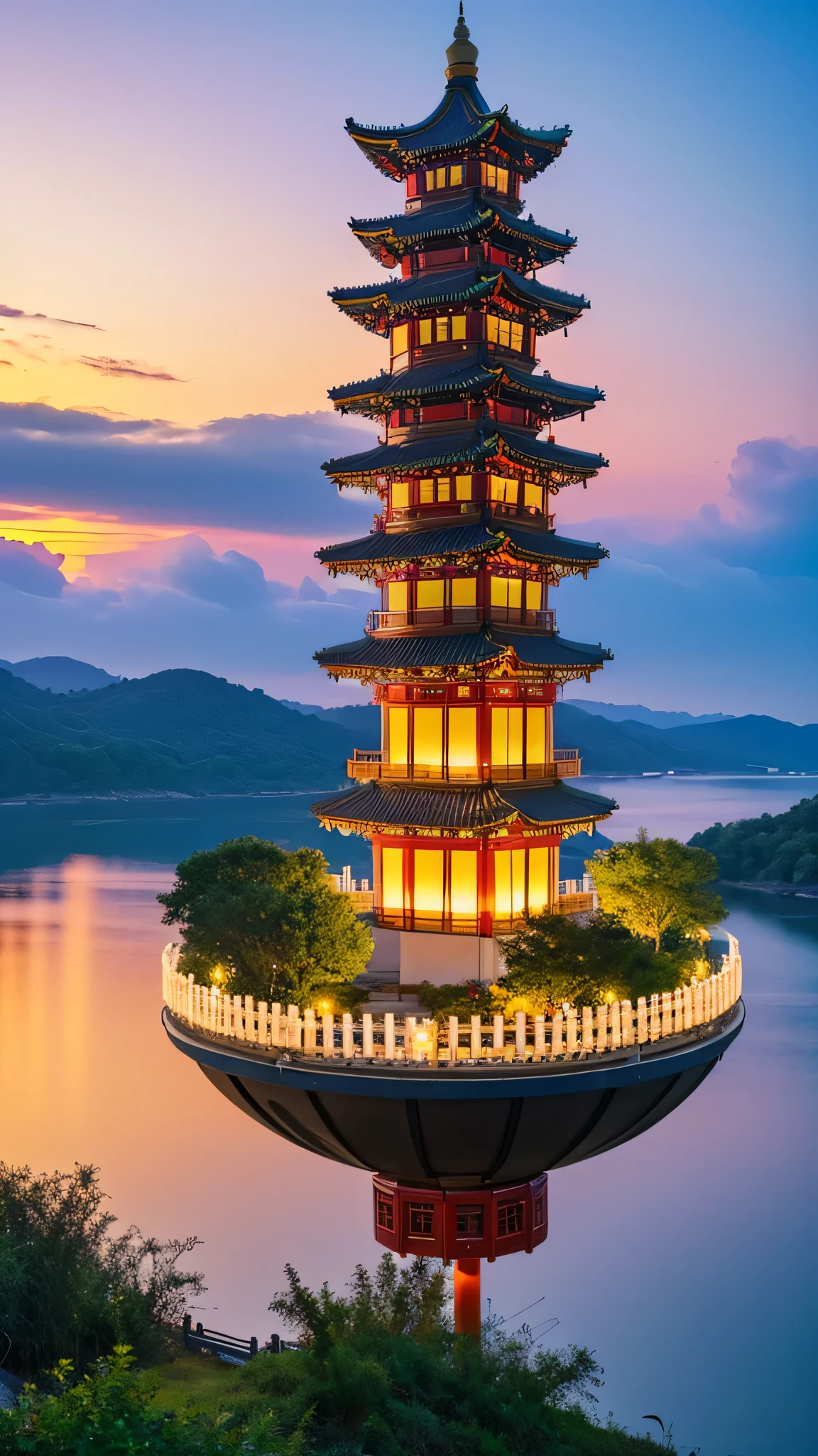 floating island,colorful clouds,Chinatown Building,Kongming Lantern,Romantic,fantasy,beautiful,spectacular view,32k