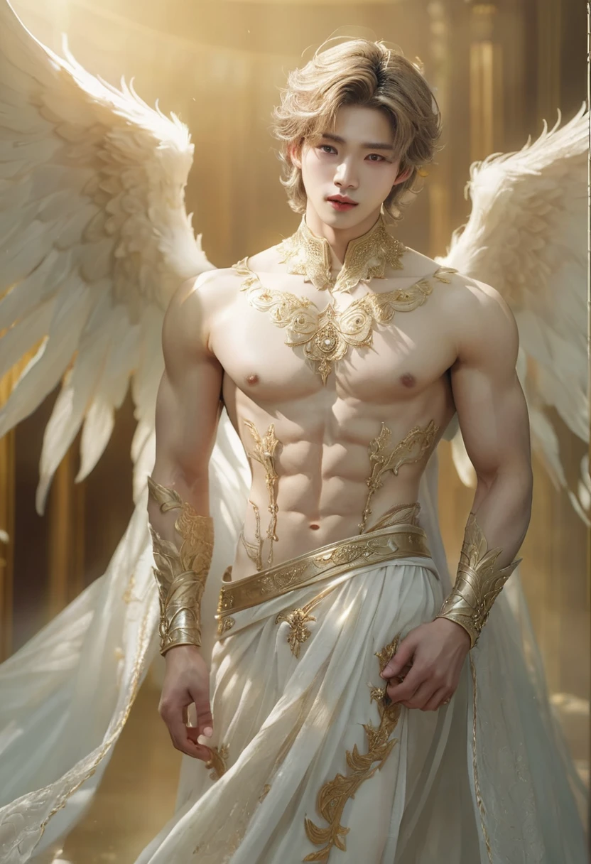 (masterpiece, ultra quality, high-res, 10, intricate: 1.2), (detailed face:1.2),Very handsome, Detailed skin , [Short Hair Hair],1 Men,White prince dress, ((Realistic)), good lighting quality, Young Korean , ((pale skin)), balanced eyes,Angel 1 Wings,Beautiful shape,fascinating,angel,Light brown hair, Prince of Heaven,((Beautiful muscles)),Body Show , Nude, (((dark-skinned)))