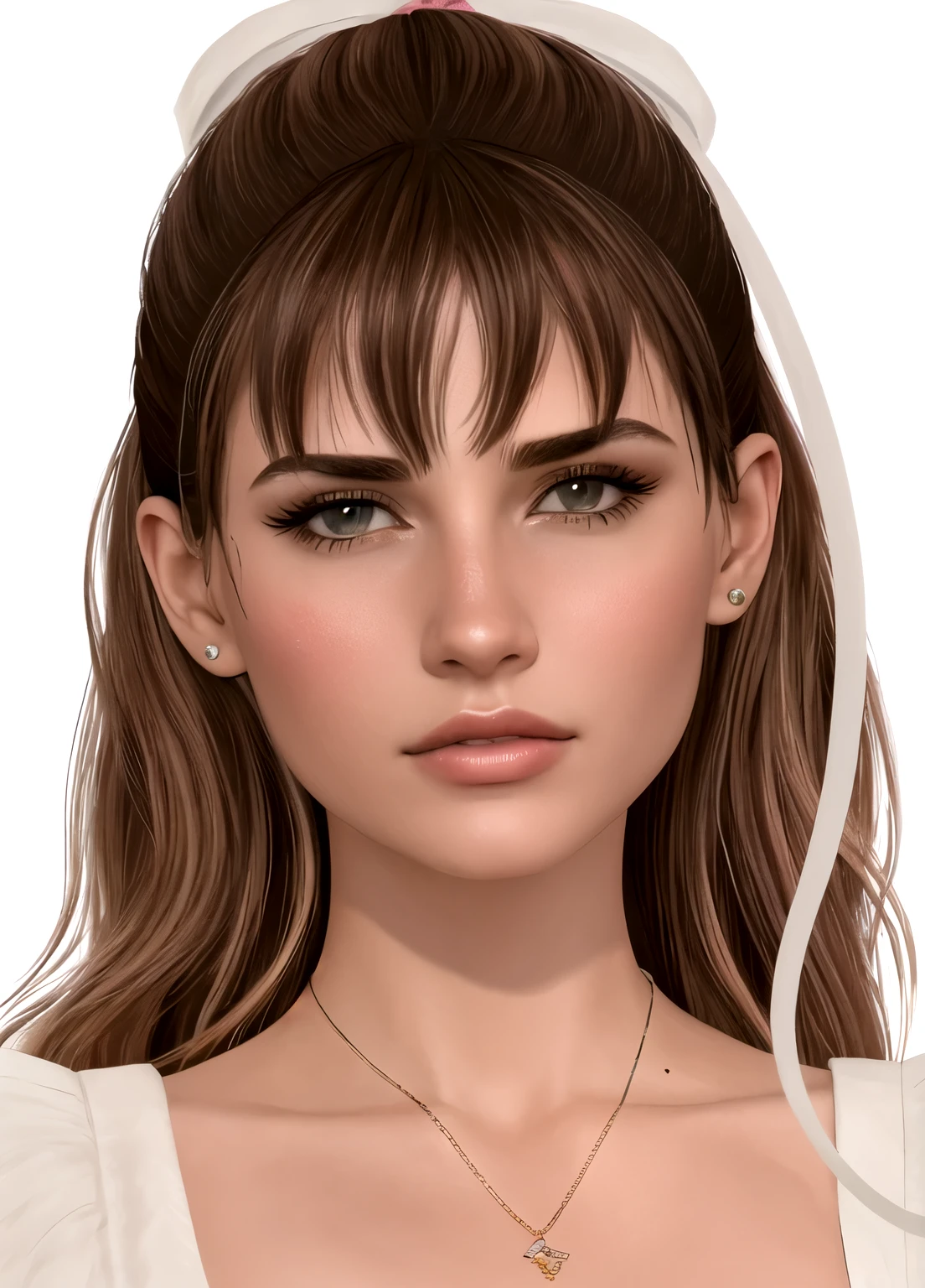 a close-up of a woman with a necklace and headband, rosto realista detalhado, rosto detalhado realista, highly rosto realista detalhado, rosto detalhado e realista, rosto realista e detalhado, com rosto muito detalhado, rosto realmente detalhado, rosto e detalhes realistas, April rendering, rosto renderizado realisticamente, Rosto lindo realista, rosto extremamente realista, pele brilhante