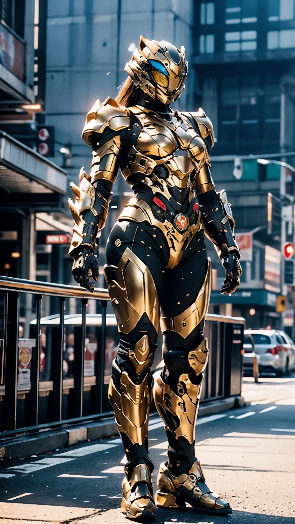 A woman adorned in fantasy-style full-body armor, a crown-concept fully enclosed helmet that unveils only her eyes, a composite layered chest plate, fully encompassing shoulder and hand guards, a lightweight waist armor, form-fitting shin guards, the overall design is heavy-duty yet flexible, ((the armor gleams with a golden glow, complemented by red and blue accents)), exhibiting a noble aura, she floats above the Futuristic city, this character embodies a finely crafted fantasy-surreal style armored hero in anime style, exquisite and mature manga art style, (Tiger concept Armor, photorealistic:1.4, real texture material:1.2), ((city night view, elegant, goddess, femminine:1.5)), metallic, high definition, best quality, highres, ultra-detailed, ultra-fine painting, extremely delicate, professional, anatomically correct, symmetrical face, extremely detailed eyes and face, high quality eyes, creativity, RAW photo, UHD, 32k, Natural light, cinematic lighting, masterpiece-anatomy-perfect, masterpiece:1.5