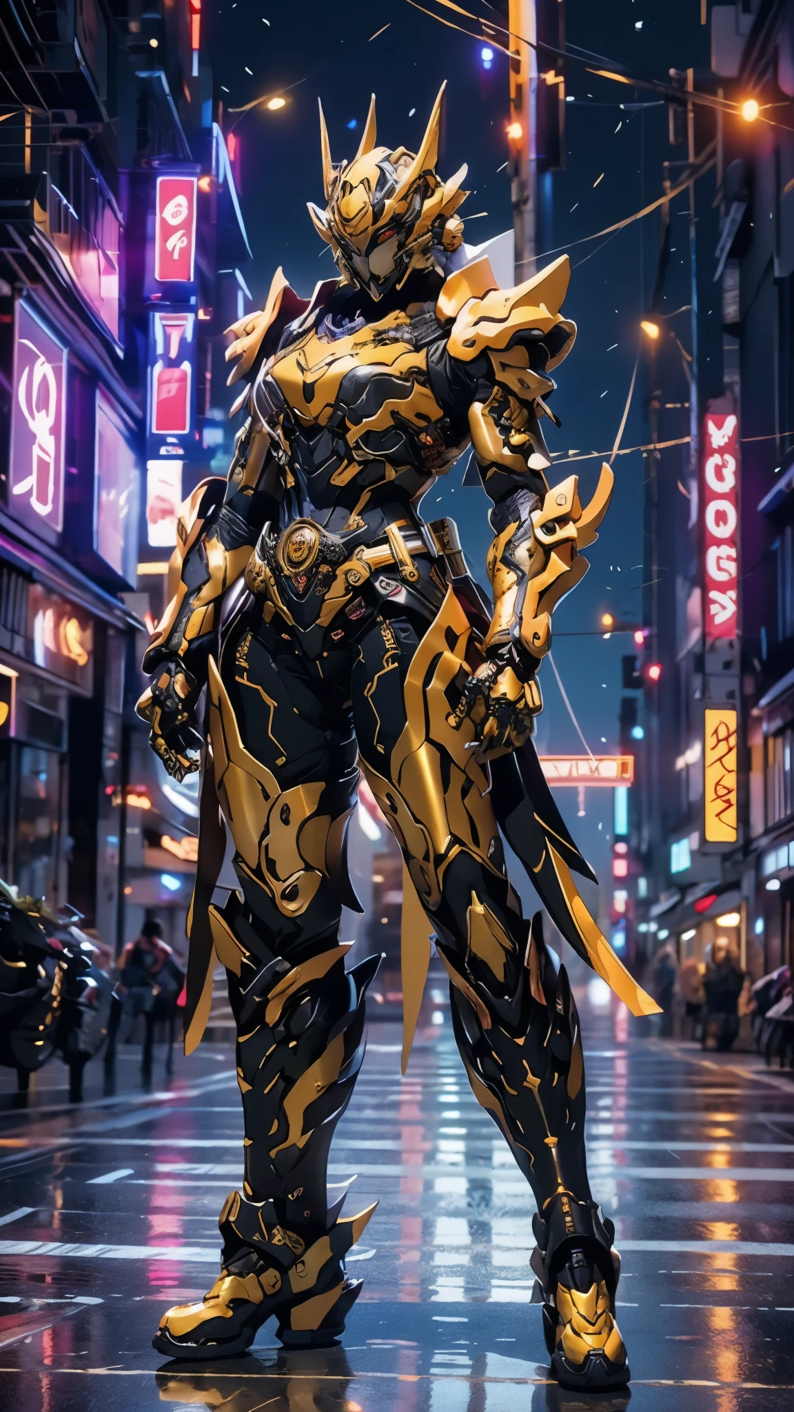 A woman adorned in fantasy-style full-body armor, a crown-concept fully enclosed helmet that unveils only her eyes, a composite layered chest plate, fully encompassing shoulder and hand guards, a lightweight waist armor, form-fitting shin guards, the overall design is heavy-duty yet flexible, ((the armor gleams with a golden glow, complemented by red and blue accents)), exhibiting a noble aura, she floats above the Futuristic city, this character embodies a finely crafted fantasy-surreal style armored hero in anime style, exquisite and mature manga art style, (Tiger concept Armor, photorealistic:1.4, real texture material:1.2), ((city night view, elegant, goddess, femminine:1.5)), metallic, high definition, best quality, highres, ultra-detailed, ultra-fine painting, extremely delicate, professional, anatomically correct, symmetrical face, extremely detailed eyes and face, high quality eyes, creativity, RAW photo, UHD, 32k, Natural light, cinematic lighting, masterpiece-anatomy-perfect, masterpiece:1.5