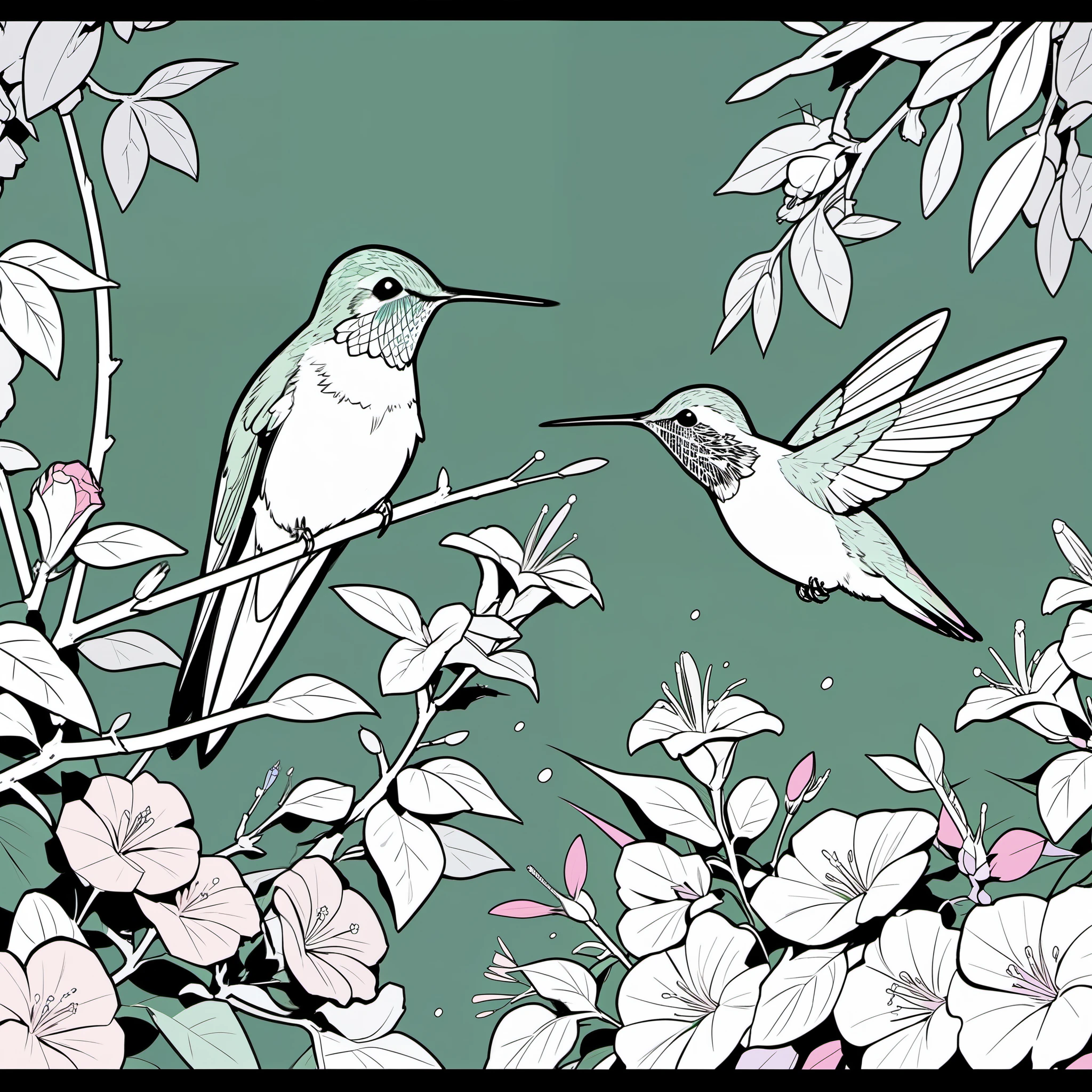 Masterpiece, highest quality, hummingbird, hummingbird family, Hummingbirds suck nectar,flat color, lineart,Natural, bland