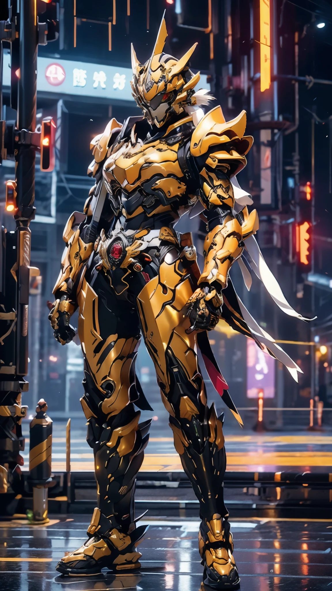 A woman adorned in fantasy-style full-body armor, a crown-concept fully enclosed helmet that unveils only her eyes, a composite layered chest plate, fully encompassing shoulder and hand guards, a lightweight waist armor, form-fitting shin guards, the overall design is heavy-duty yet flexible, ((the armor gleams with a golden glow, complemented by red and blue accents)), exhibiting a noble aura, she floats above the Futuristic city, this character embodies a finely crafted fantasy-surreal style armored hero in anime style, exquisite and mature manga art style, (Tiger concept Armor, photorealistic:1.4, real texture material:1.2), ((city night view, elegant, goddess, femminine:1.5)), metallic, high definition, best quality, highres, ultra-detailed, ultra-fine painting, extremely delicate, professional, anatomically correct, symmetrical face, extremely detailed eyes and face, high quality eyes, creativity, RAW photo, UHD, 32k, Natural light, cinematic lighting, masterpiece-anatomy-perfect, masterpiece:1.5