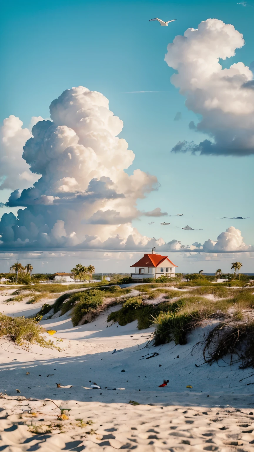 (((masterpiece))), a place in Florida minimalistic, bright and deep colors, detailed, birds in the distance, clouds in the sky, people in the distance, trees and buldings, lighhouse, white sand, captures the essence of life in Florida