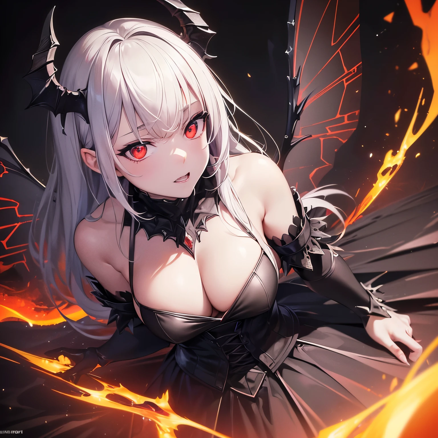 (best quality,4k,8k,highres,masterpiece:1.2),ultra-detailed,(realistic,photorealistic,photo-realistic:1.37), HDR, UHD, (vivid colors,portraits:1.1), demon queen, (sharp focus,horror) black dress, glowing red eyes, (ultra-fine painting:0.9) wings, (extreme detail description:1.1), dark, (landscape:0.9), (anime:1.1), black background, (concept artists:0.9)