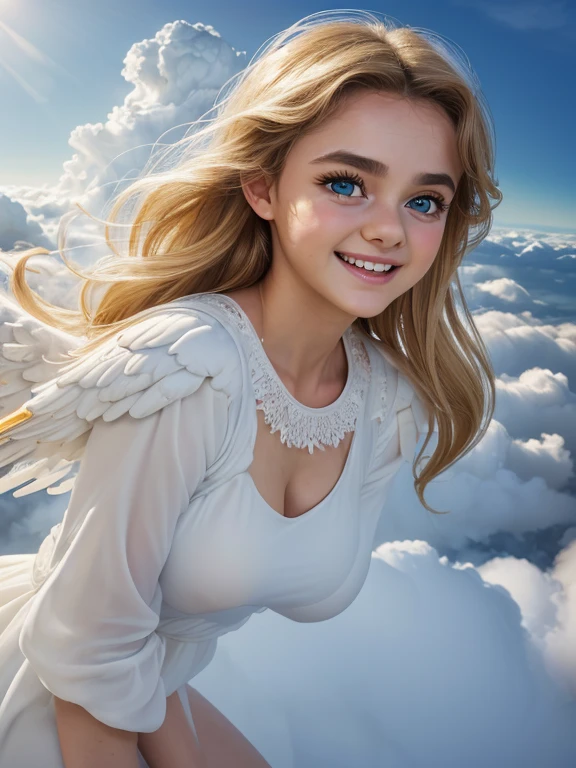 (((dark-skinned))), photo realistic, masterpiece, best quality, (highly detailed skin:1.3), (extremely detailed eyes and face:1.3), absurdres, 8k resolution, from front, (light on face, soft light,:1.3), (full body:1.5), 1girl, 18yo, (cute:1.3), (european actress:1.8), (big laugh:1.2), (round face:1.3), wide forehead, (big eyes:1.5), (long eyelashes:1.4), huge breasts, blonde hair, angel costume, white dress, (angel's wing:1.3), (heaven, bright, above the clouds:1.3)