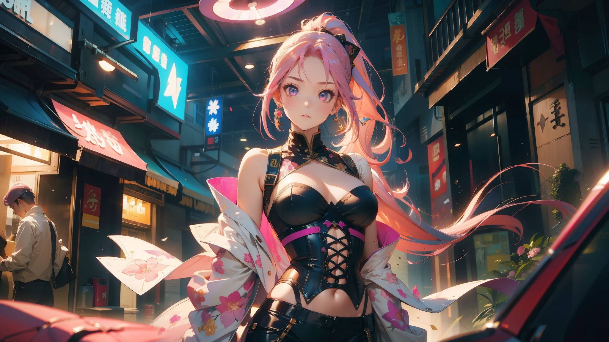 1 girl, solo, ((Masterpiece)), best quality, absurderes, ultra detailed, holographic, golden ratio, super cute girl, mature girl, idol girl, super beautiful asian girl with very beautiful violet glowing eyes, beautiful glowing pink multicolored hair, (((pink hair))), high ponytail, nice and sexy body, slim body, perfect body, big breasts, wearing a super tight anime printed corset, an anime printed super tight off shoulder long sleeve crop top, a super aesthetic transparent mini jacket, beautiful hair ornament, pink jordan tennis, in the arcade games, c0rs3tp1nkg0wn,floral print dress, corset,