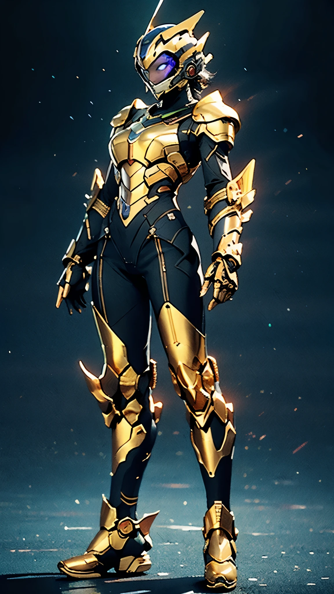 A woman adorned in fantasy-style full-body armor, a crown-concept fully enclosed helmet that unveils only her eyes, a composite layered chest plate, fully encompassing shoulder and hand guards, a lightweight waist armor, form-fitting shin guards, the overall design is heavy-duty yet flexible, ((the armor gleams with a golden glow, complemented by red and blue accents)), exhibiting a noble aura, she floats above the Futuristic city, this character embodies a finely crafted fantasy-surreal style armored hero in anime style, exquisite and mature manga art style, (Tiger concept Armor, photorealistic:1.4, real texture material:1.2), ((city night view, elegant, goddess, femminine:1.5)), metallic, high definition, best quality, highres, ultra-detailed, ultra-fine painting, extremely delicate, professional, anatomically correct, symmetrical face, extremely detailed eyes and face, high quality eyes, creativity, RAW photo, UHD, 32k, Natural light, cinematic lighting, masterpiece-anatomy-perfect, masterpiece:1.5