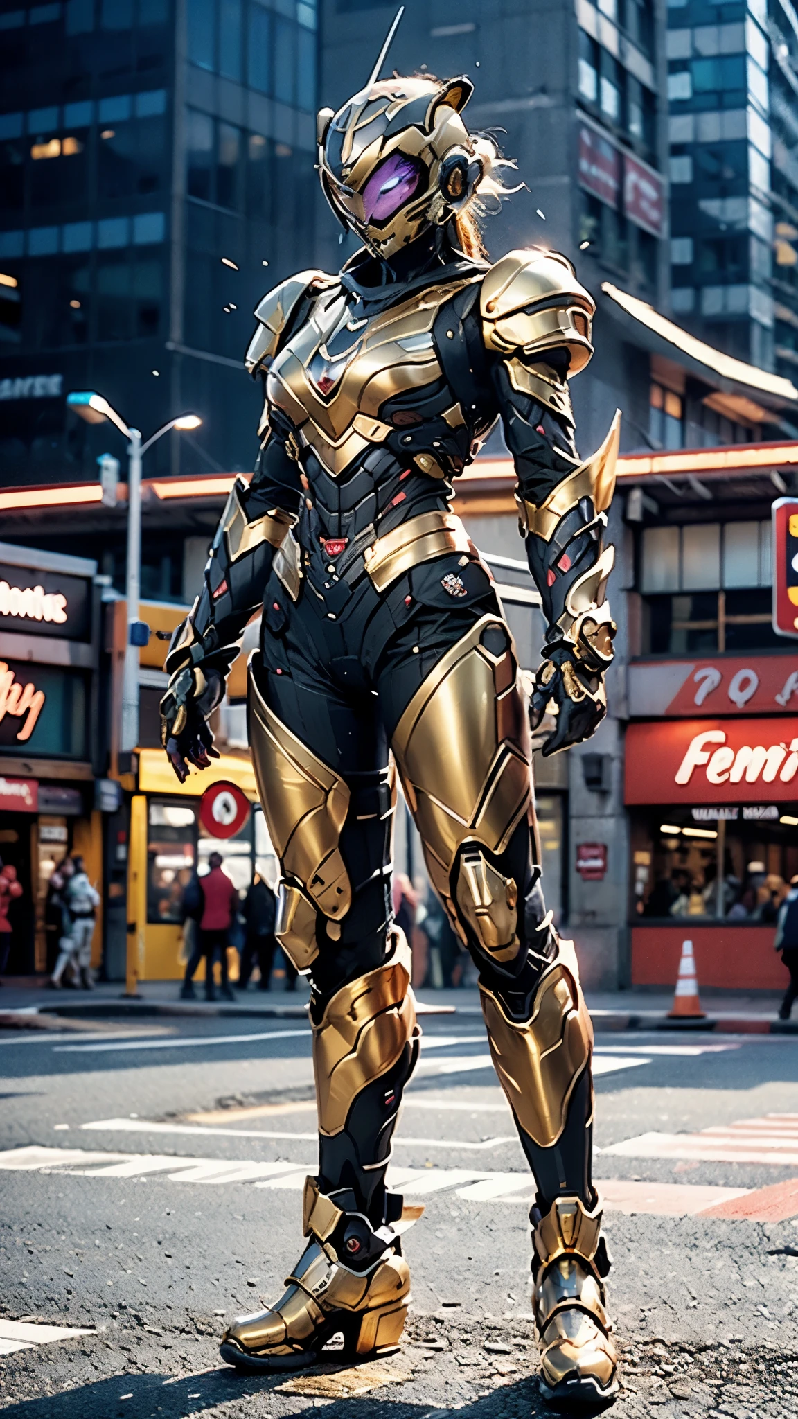 A woman adorned in fantasy-style full-body armor, a crown-concept fully enclosed helmet that unveils only her eyes, a composite layered chest plate, fully encompassing shoulder and hand guards, a lightweight waist armor, form-fitting shin guards, the overall design is heavy-duty yet flexible, ((the armor gleams with a golden glow, complemented by red and blue accents)), exhibiting a noble aura, she floats above the Futuristic city, this character embodies a finely crafted fantasy-surreal style armored hero in anime style, exquisite and mature manga art style, (Tiger concept Armor, photorealistic:1.4, real texture material:1.2), ((city night view, elegant, goddess, femminine:1.5)), metallic, high definition, best quality, highres, ultra-detailed, ultra-fine painting, extremely delicate, professional, anatomically correct, symmetrical face, extremely detailed eyes and face, high quality eyes, creativity, RAW photo, UHD, 32k, Natural light, cinematic lighting, masterpiece-anatomy-perfect, masterpiece:1.5