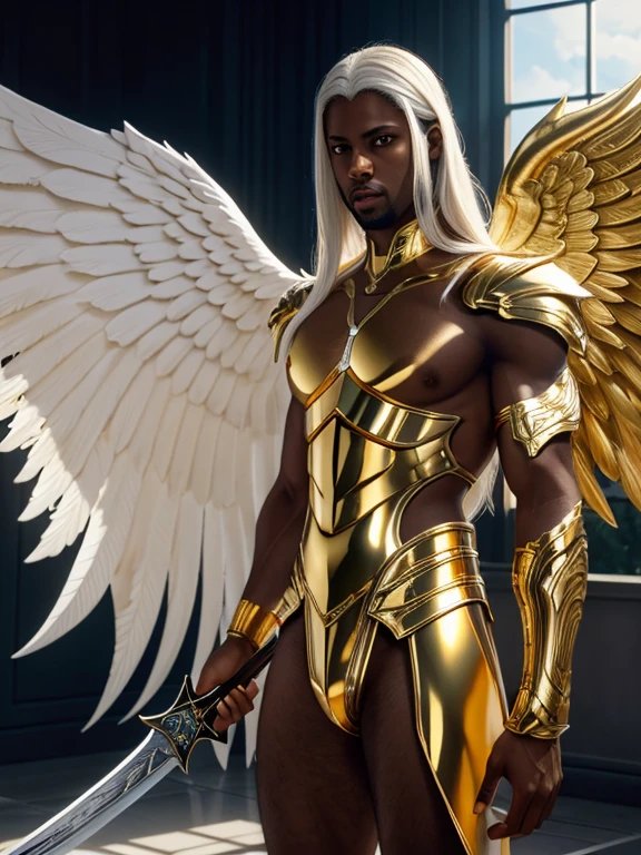 male people，mtu，Male angel，Photorealistic,Realistic shadows,v-ray + photography of,Ultra photo realsisim,Ultra photo realsisim,Angels and long whites pale ,full bodyesbian,Esbian,fullnude,Foot ,Male hair，Golden,Daikin,Wings，Silver sword and golden scales, (((darkskin)))
