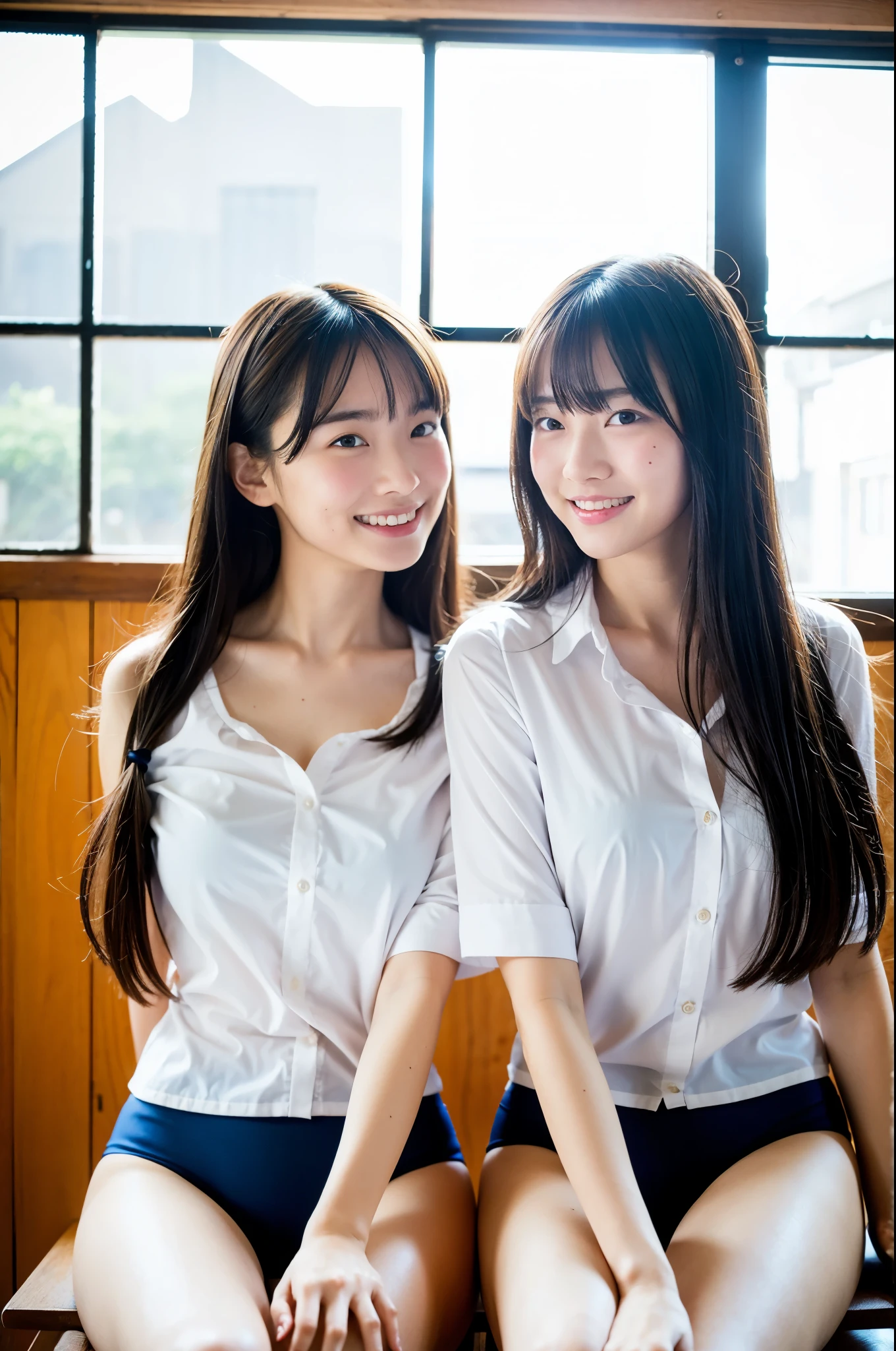 2 girls standing near window in school classroom,pure white plain t-shirt,white short leggings,18-year-old,bangs,a little smile,thighs,knees,short hair and low pigtails with barrette,from below,front light