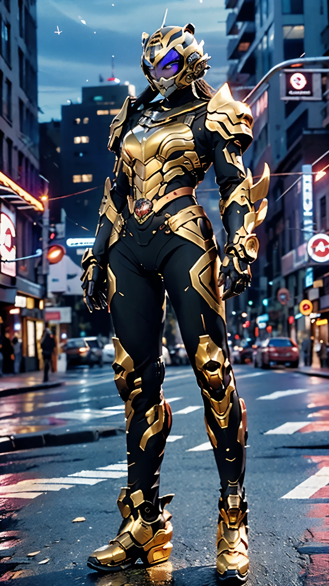 A woman adorned in fantasy-style full-body armor, a crown-concept fully enclosed helmet that unveils only her eyes, a composite layered chest plate, fully encompassing shoulder and hand guards, a lightweight waist armor, form-fitting shin guards, the overall design is heavy-duty yet flexible, ((the armor gleams with a golden glow, complemented by red and blue accents)), exhibiting a noble aura, she floats above the Futuristic city, this character embodies a finely crafted fantasy-surreal style armored hero in anime style, exquisite and mature manga art style, (Tiger concept Armor, photorealistic:1.4, real texture material:1.2), ((city night view, elegant, goddess, femminine:1.5)), metallic, high definition, best quality, highres, ultra-detailed, ultra-fine painting, extremely delicate, professional, anatomically correct, symmetrical face, extremely detailed eyes and face, high quality eyes, creativity, RAW photo, UHD, 32k, Natural light, cinematic lighting, masterpiece-anatomy-perfect, masterpiece:1.5