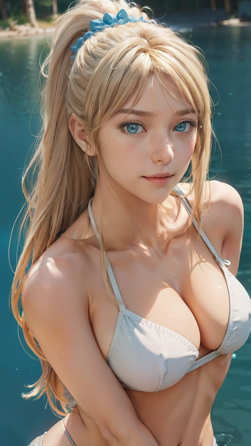 Simple White Background, tears, very little bikini, moutain lake
hair ornament,
bangs, blonde hair,blue eyes,long hair,high ponytail
1 girl, 20yo,Young female,Beautiful Finger,(Beautiful long legs),Beautiful body, ((whole body:1.5)), (barefoot), far view
Beautiful Nose,Beautiful character design, perfect eyes, perfect face,expressive eyes,perfect balance,
looking at viewer, closed mouth, (innocent_big_eyes:1.0), smiling,
official art,extremely detailed CG unity 8k wallpaper, perfect lighting,Colorful, Bright_Front_face_Lighting,White skin,
(masterpiece:1.0),(best_quality:1.0), ultra high res,4K,ultra-detailed,
photography, 8K, HDR, highres, absurdres:1.2, Kodak portra 400, film grain, blurry background, bokeh:1.2, lens flare, (vibrant_color:1.2),professional photograph,
(Beautiful,Breasts:1.0), (beautiful_face:1.5),(narrow_waist),