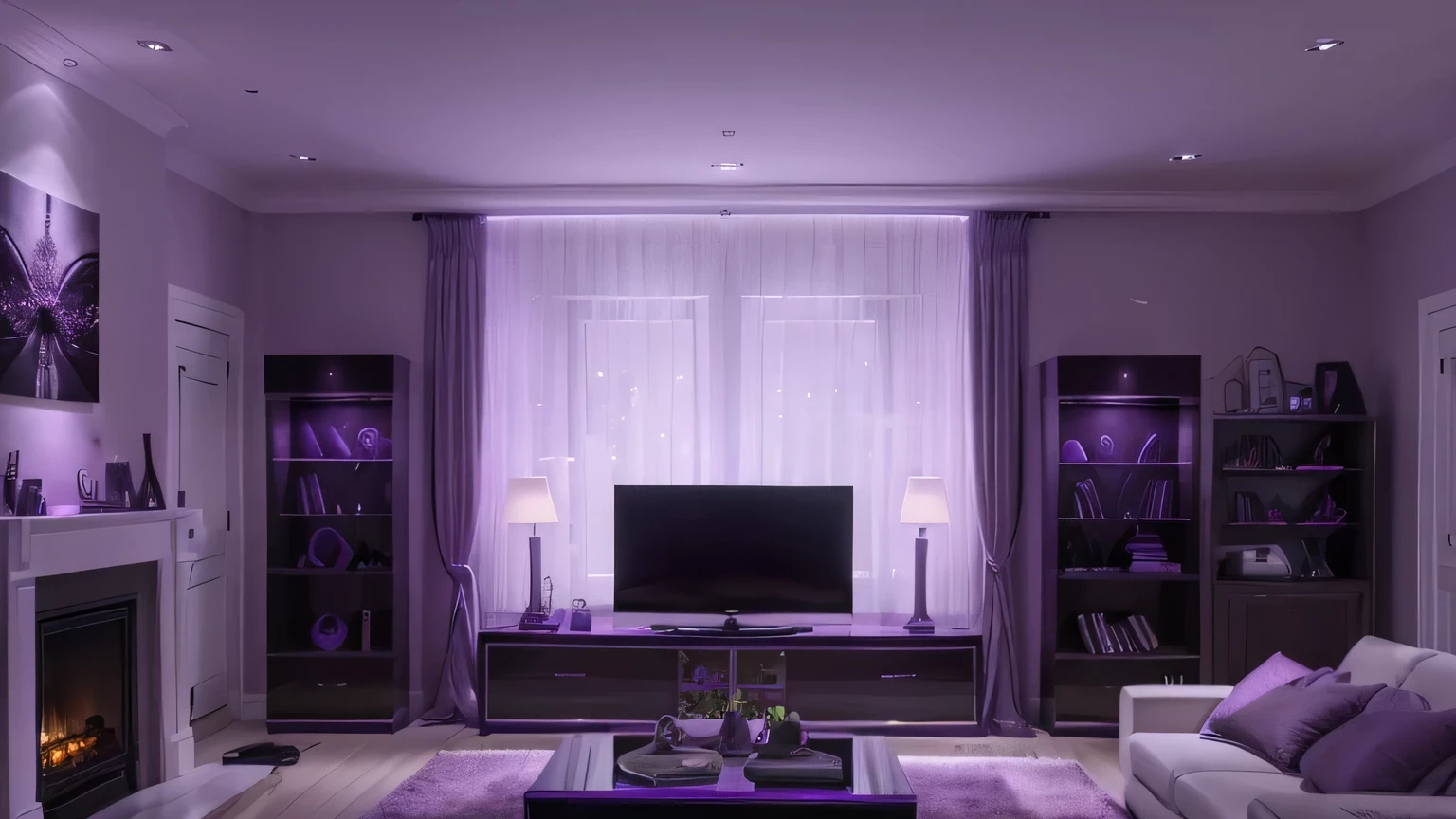(high resolution, ultra detailed, 8k quality), Salon minimaliste'ambiance sombre avec des couleurs violet et violet, bureau avec configuration ordinateur et gamer, style salle de jeu, purple and purple lighting