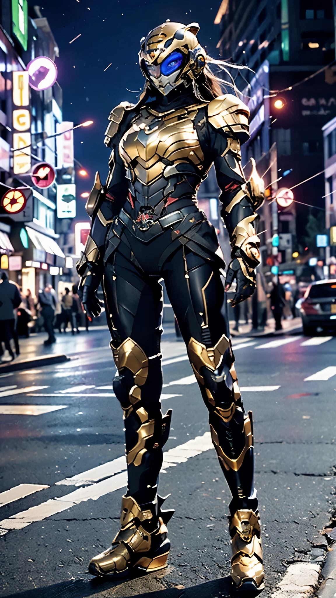 A woman adorned in fantasy-style full-body armor, a crown-concept fully enclosed helmet that unveils only her eyes, a composite layered chest plate, fully encompassing shoulder and hand guards, a lightweight waist armor, form-fitting shin guards, the overall design is heavy-duty yet flexible, ((the armor gleams with a golden glow, complemented by red and blue accents)), exhibiting a noble aura, she floats above the Futuristic city, this character embodies a finely crafted fantasy-surreal style armored hero in anime style, exquisite and mature manga art style, (Tiger concept Armor, photorealistic:1.4, real texture material:1.2), ((city night view, elegant, goddess, femminine:1.5)), metallic, high definition, best quality, highres, ultra-detailed, ultra-fine painting, extremely delicate, professional, anatomically correct, symmetrical face, extremely detailed eyes and face, high quality eyes, creativity, RAW photo, UHD, 32k, Natural light, cinematic lighting, masterpiece-anatomy-perfect, masterpiece:1.5