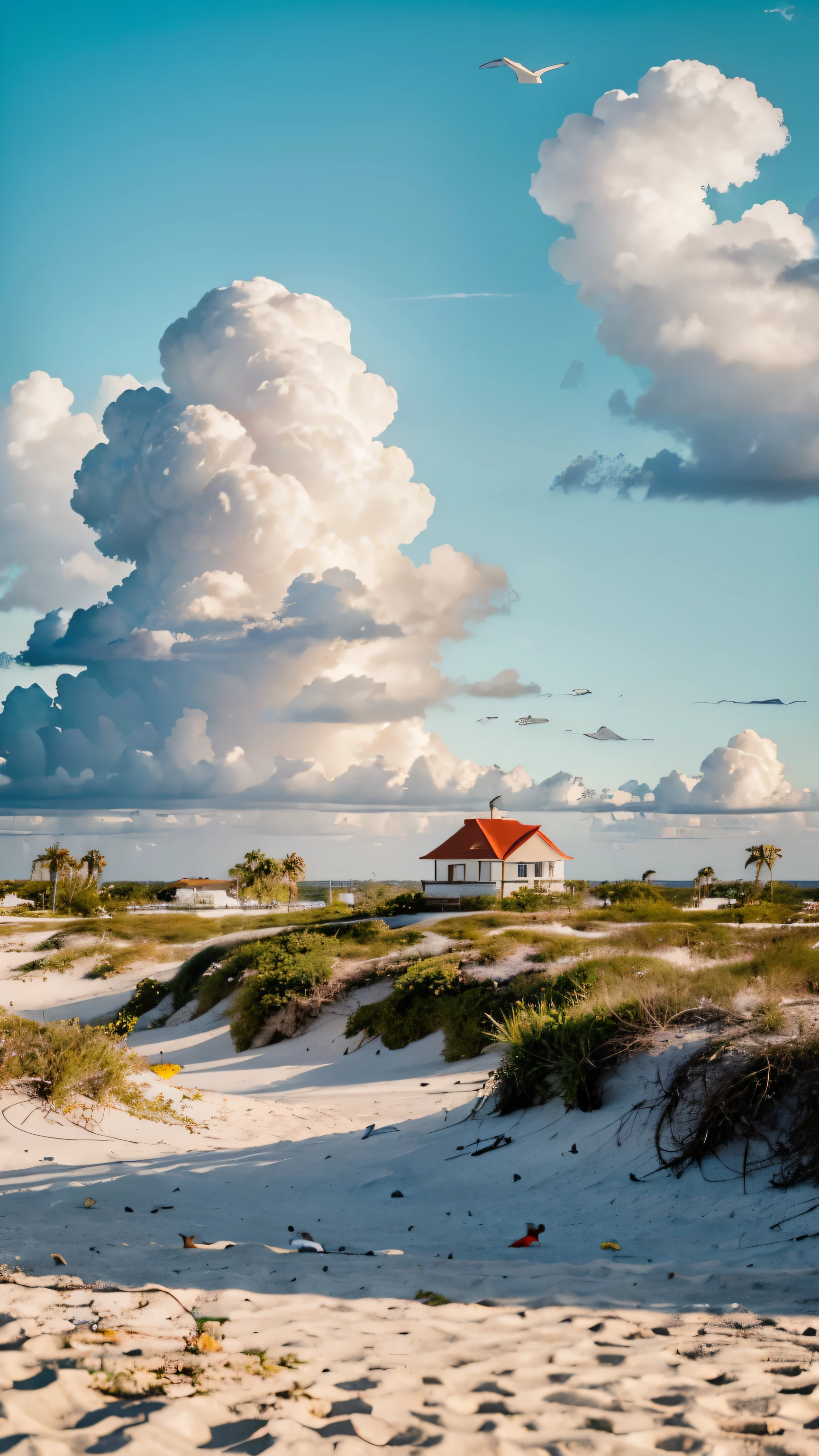 (((masterpiece))), a place in Florida minimalistic, bright and deep colors, detailed, birds in the distance, clouds in the sky, people in the distance, trees and buldings, lighhouse, white sand, captures the essence of life in Florida