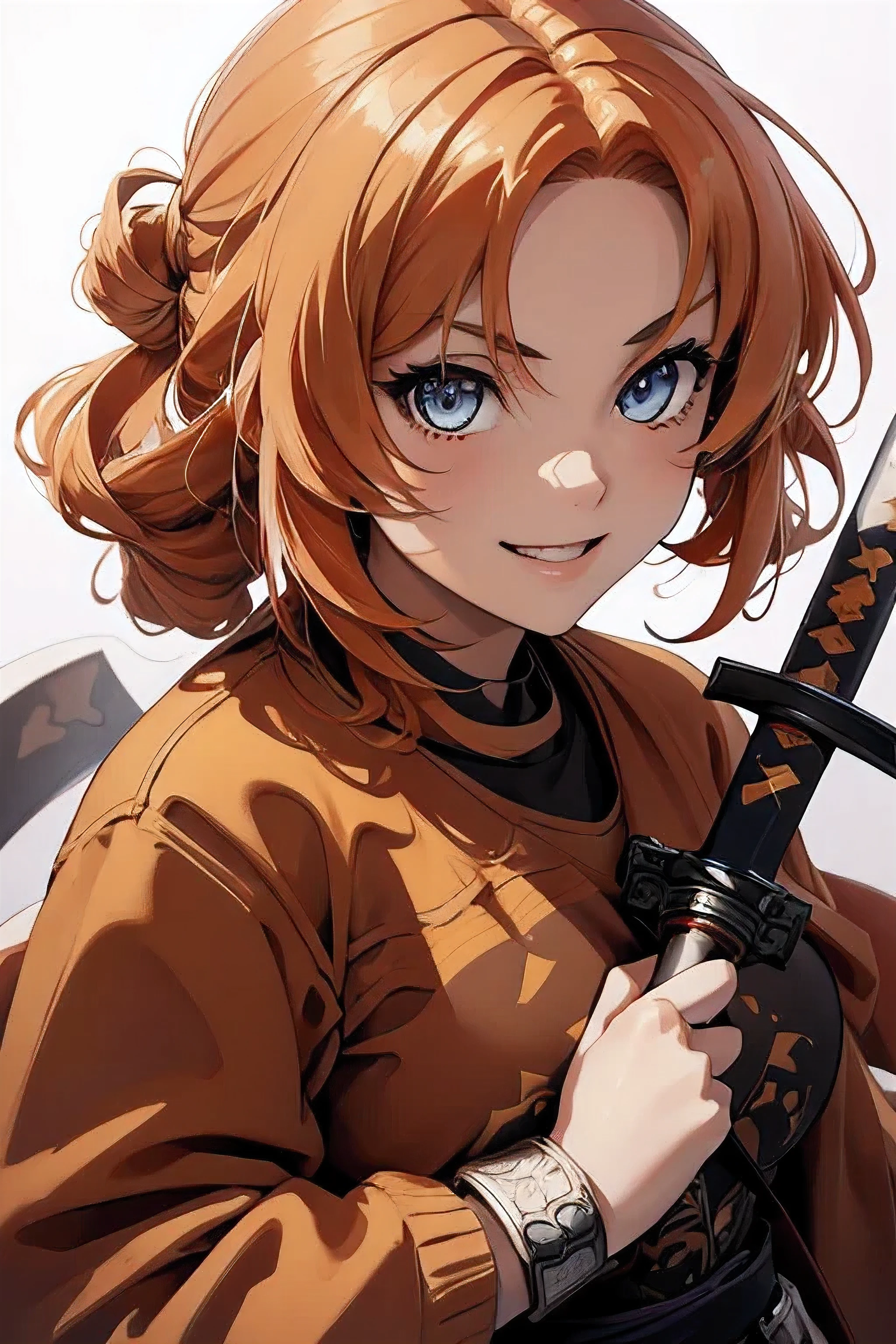 masterpiece , UHD , high definition , detailed eyes, epic background , draw a girl with orange hair , holding a katana, 1 girl , solo , looking at viewer , smiling ,