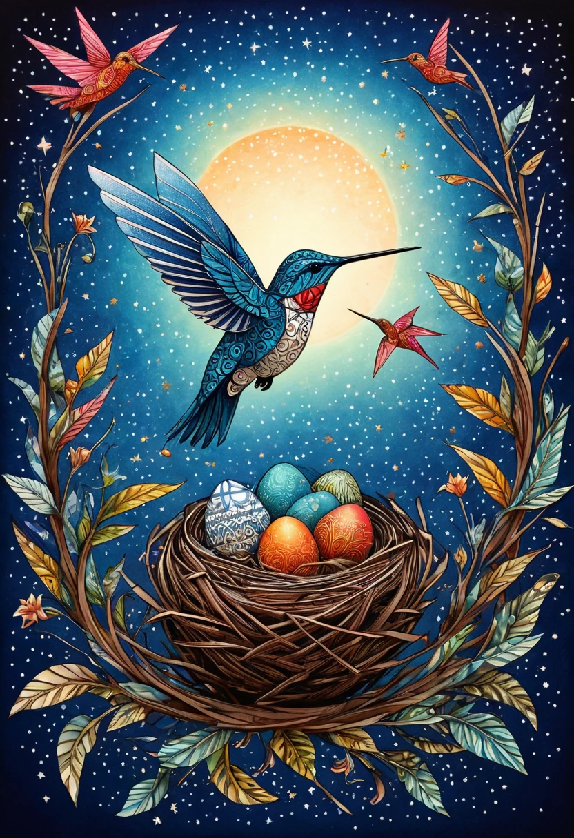 a hummingbird ,zentangle,origami,cinematic,in a nest of Chinese hummingbird,an egg has just broken,its mother is proud, zentangle full of stars sky,