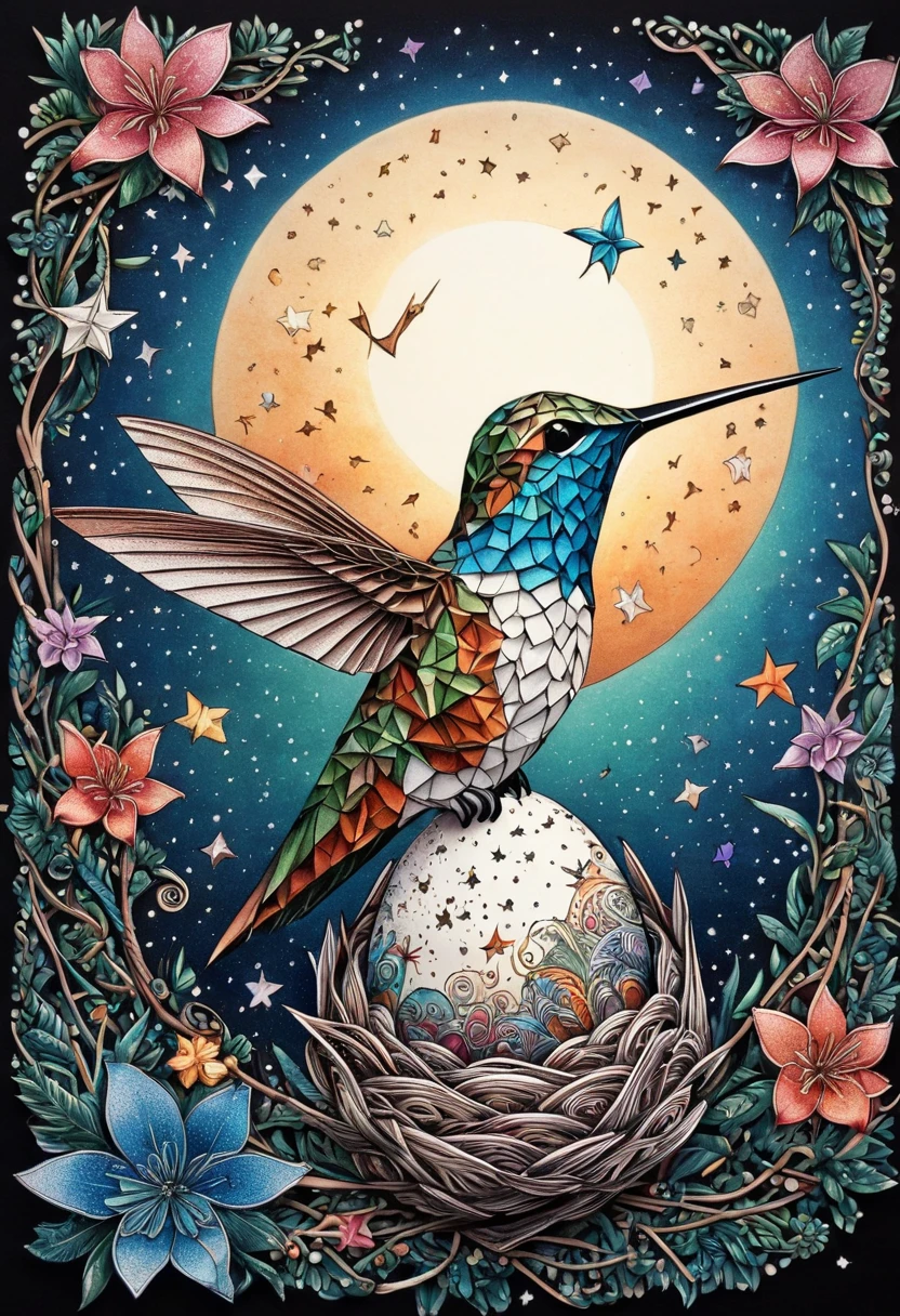 a hummingbird ,zentangle,origami,cinematic,in a nest of Chinese hummingbird,an egg has just broken,its mother is proud, zentangle full of stars sky,
