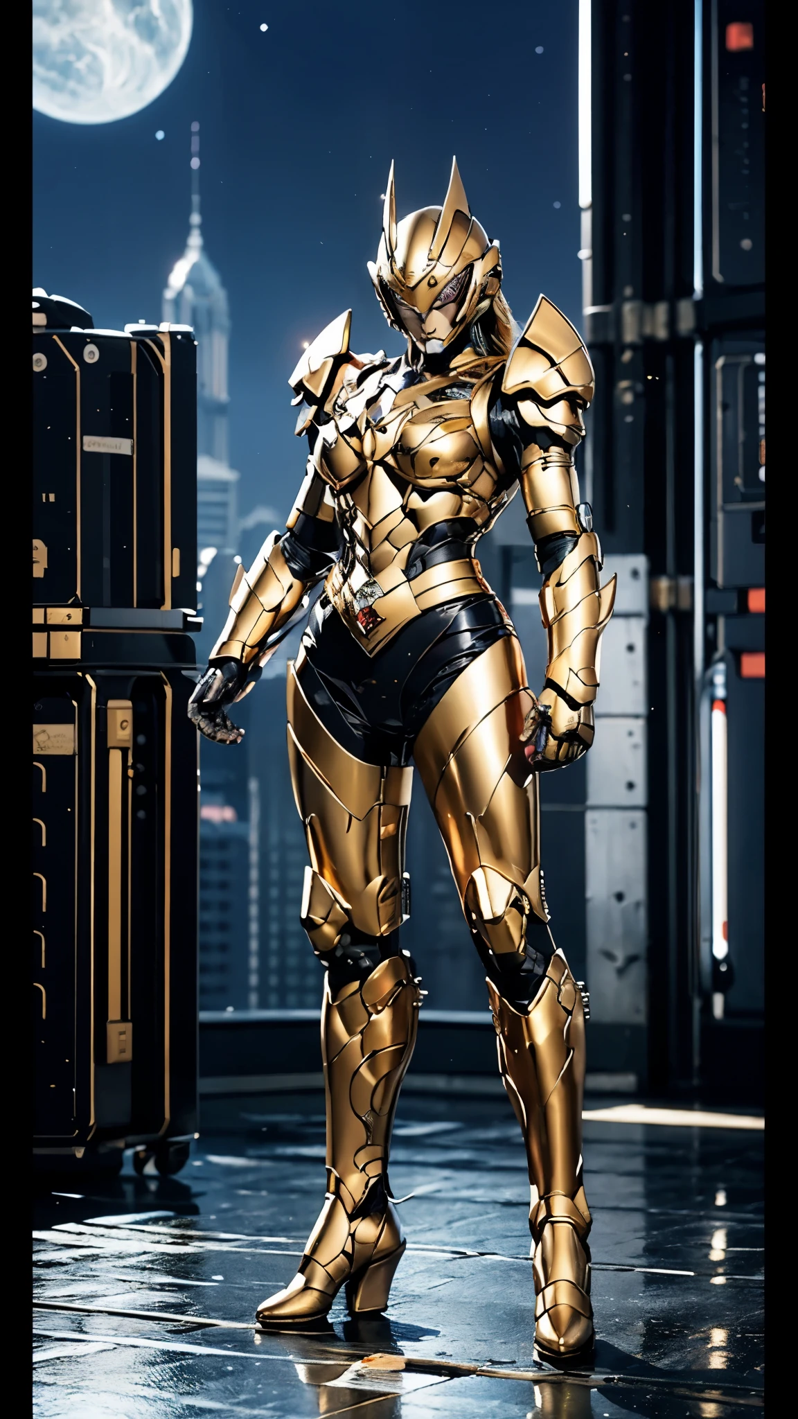 A woman adorned in fantasy-style full-body armor, a crown-concept fully enclosed helmet that unveils only her eyes, a composite layered chest plate, fully encompassing shoulder and hand guards, a lightweight waist armor, form-fitting shin guards, the overall design is heavy-duty yet flexible, ((the armor gleams with a golden glow, complemented by red and blue accents)), exhibiting a noble aura, she floats above the Futuristic city, this character embodies a finely crafted fantasy-surreal style armored hero in anime style, exquisite and mature manga art style, (Dragon concept Armor, photorealistic:1.4, real texture material:1.2), ((city night view, elegant, goddess, femminine:1.5)), metallic, high definition, best quality, highres, ultra-detailed, ultra-fine painting, extremely delicate, professional, anatomically correct, symmetrical face, extremely detailed eyes and face, high quality eyes, creativity, RAW photo, UHD, 32k, Natural light, cinematic lighting, masterpiece-anatomy-perfect, masterpiece:1.5
