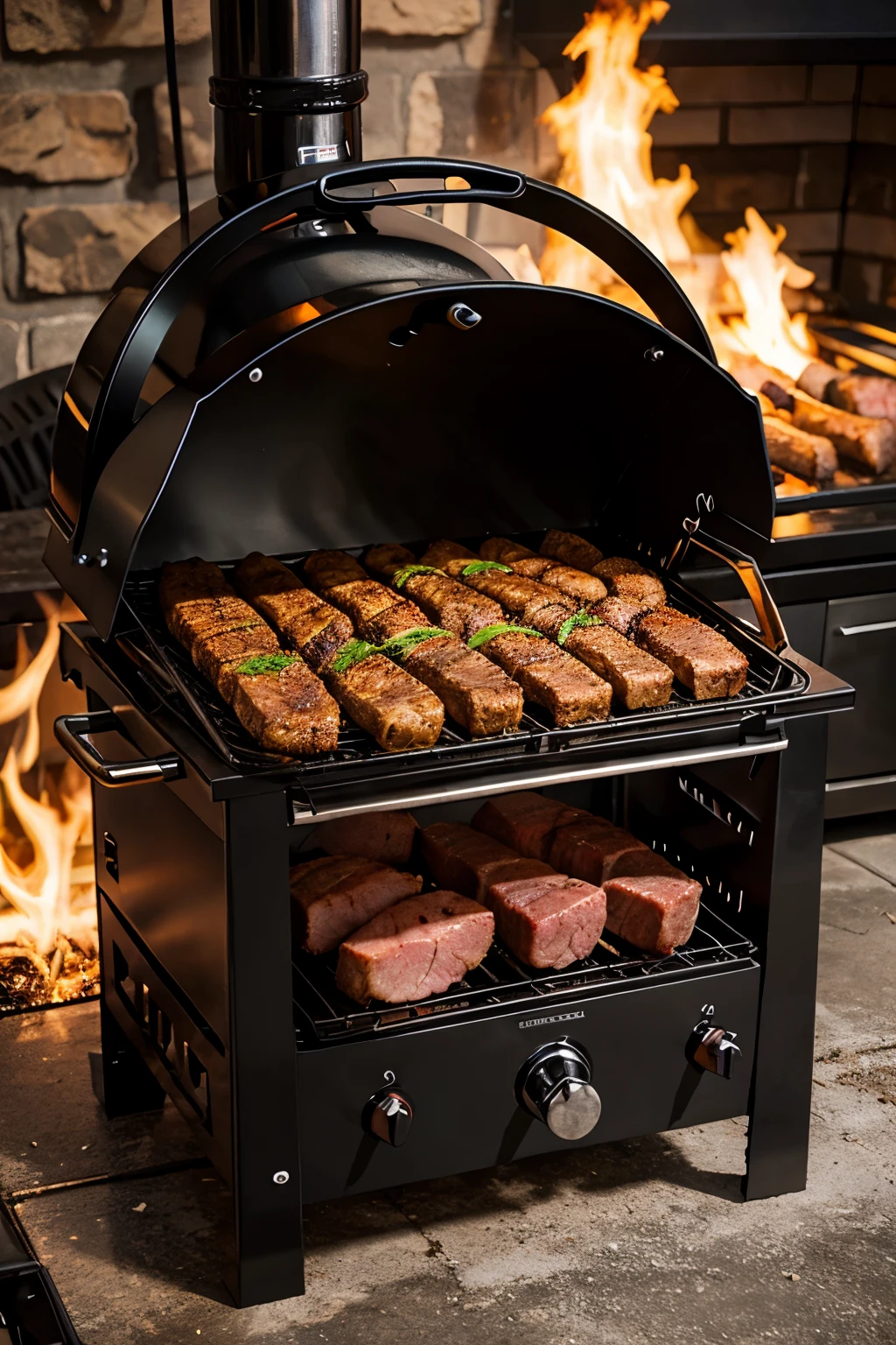Draw a metal grill for roasting meat with smoldering coals
