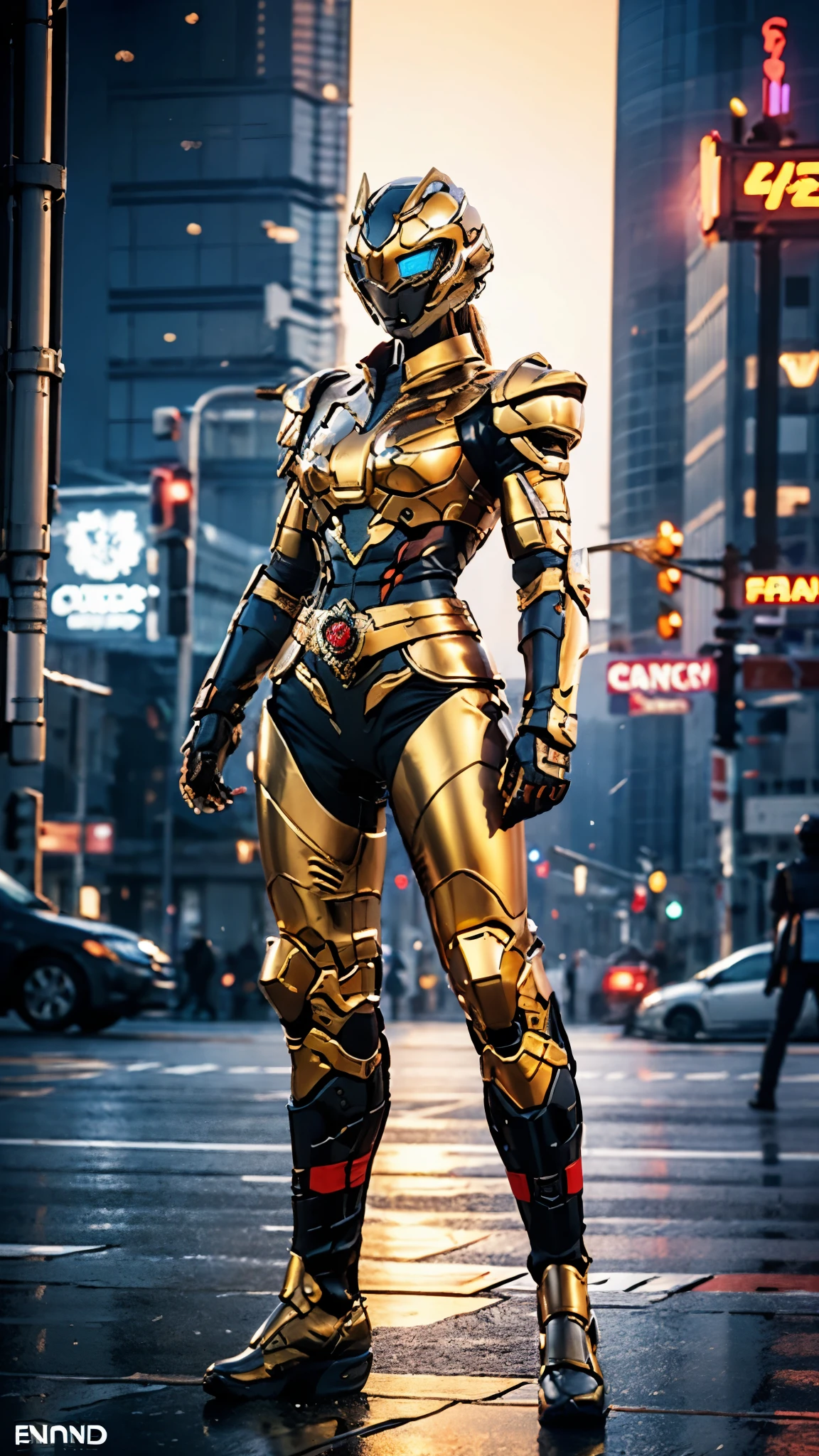 A woman adorned in fantasy-style full-body armor, a crown-concept fully enclosed helmet that unveils only her eyes, a composite layered chest plate, fully encompassing shoulder and hand guards, a lightweight waist armor, form-fitting shin guards, the overall design is heavy-duty yet flexible, ((the armor gleams with a golden glow, complemented by red and blue accents)), exhibiting a noble aura, she floats above the Futuristic city, this character embodies a finely crafted fantasy-surreal style armored hero in anime style, exquisite and mature manga art style, (Dragon concept Armor, photorealistic:1.4, real texture material:1.2), ((city night view, elegant, goddess, femminine:1.5)), metallic, high definition, best quality, highres, ultra-detailed, ultra-fine painting, extremely delicate, professional, anatomically correct, symmetrical face, extremely detailed eyes and face, high quality eyes, creativity, RAW photo, UHD, 32k, Natural light, cinematic lighting, masterpiece-anatomy-perfect, masterpiece:1.5