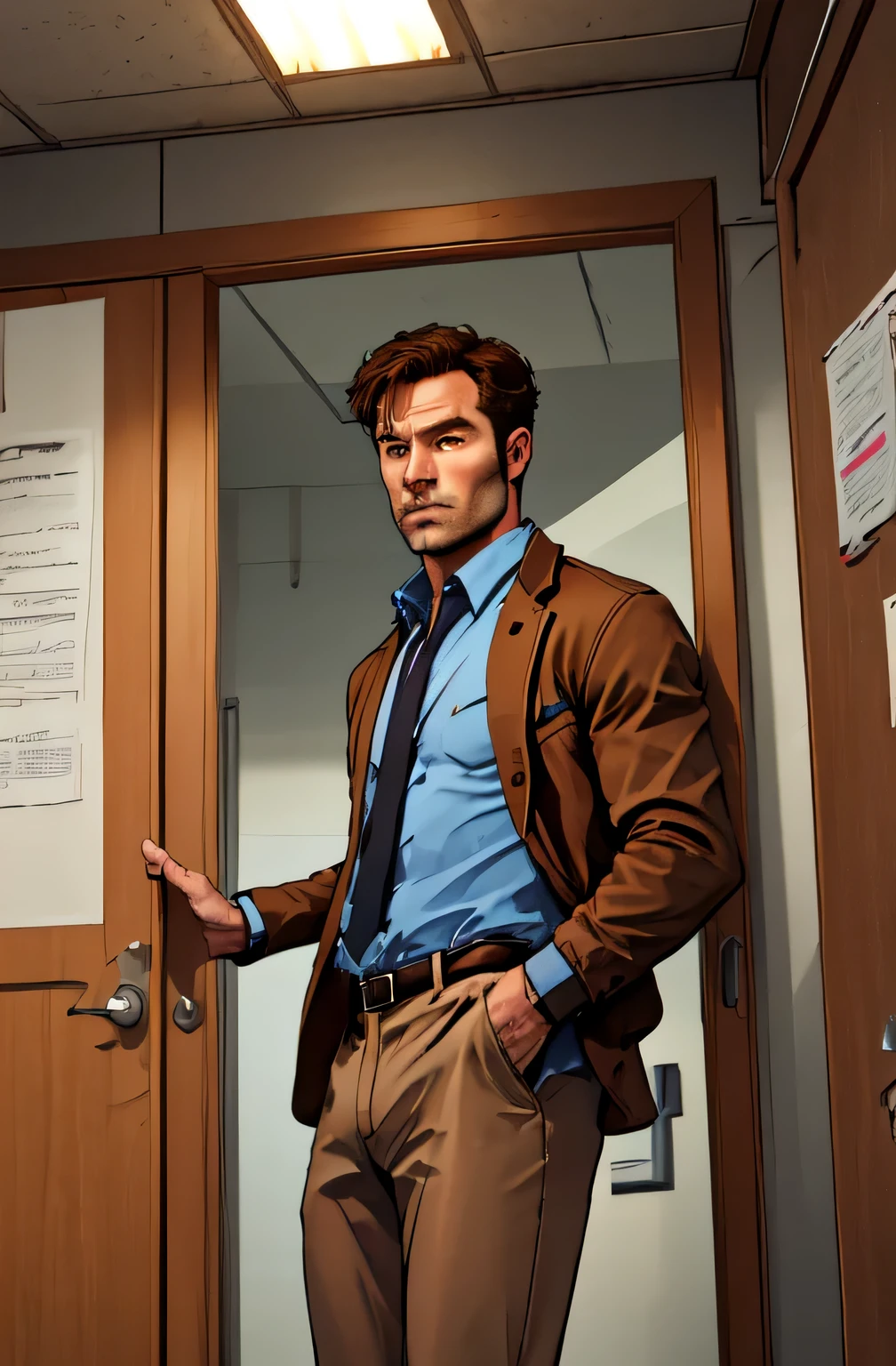 Detective standing at the door in the office, brown jacket, Blue shirt, brown trousers, light brown hair,