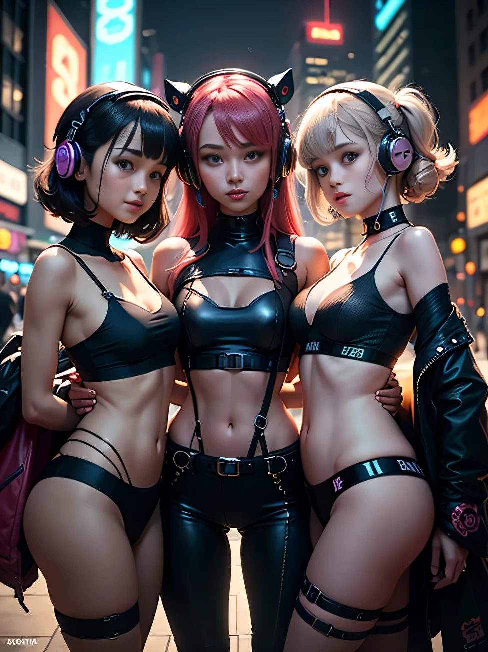 three girls 、headphones、stage、masterpiece, best quality, 2 ((smiling)) cyberpunk girls standing together, Harajuku-inspired cyberpunk body harness, bold colors and patterns, eye-catching accessories, trendy and innovative hairstyle, dazzling Cyberpunk cityscape, skyscrapers, glowing neon signs, LED lights, anime illustration, detailed skin texture, detailed cloth texture, beautiful detailed face, intricate details, ultra detailed, cinematic lighting, strong,three girls 、headphones、stage、