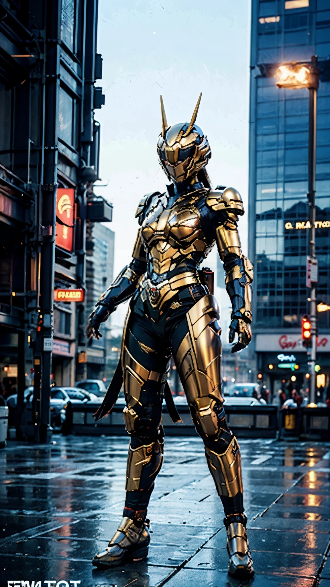 A woman adorned in fantasy-style full-body armor, a crown-concept fully enclosed helmet that unveils only her eyes, a composite layered chest plate, fully encompassing shoulder and hand guards, a lightweight waist armor, form-fitting shin guards, the overall design is heavy-duty yet flexible, ((the armor gleams with a golden glow, complemented by red and blue accents)), exhibiting a noble aura, she floats above the Futuristic city, this character embodies a finely crafted fantasy-surreal style armored hero in anime style, exquisite and mature manga art style, (Dragon concept Armor, photorealistic:1.4, real texture material:1.2), ((city night view, elegant, goddess, femminine:1.5)), metallic, high definition, best quality, highres, ultra-detailed, ultra-fine painting, extremely delicate, professional, anatomically correct, symmetrical face, extremely detailed eyes and face, high quality eyes, creativity, RAW photo, UHD, 32k, Natural light, cinematic lighting, masterpiece-anatomy-perfect, masterpiece:1.5