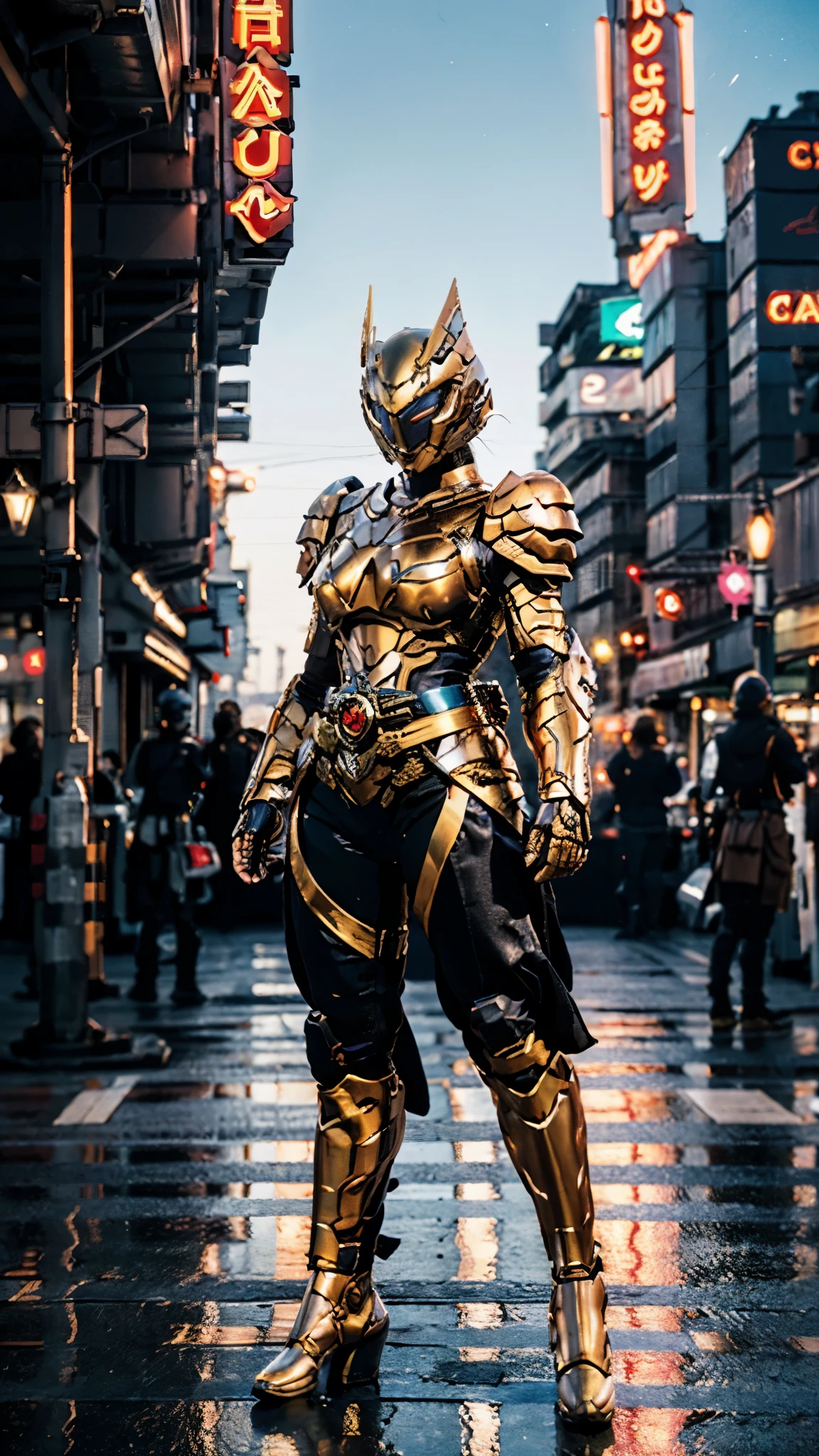 A woman adorned in fantasy-style full-body armor, a crown-concept fully enclosed helmet that unveils only her eyes, a composite layered chest plate, fully encompassing shoulder and hand guards, a lightweight waist armor, form-fitting shin guards, the overall design is heavy-duty yet flexible, ((the armor gleams with a golden glow, complemented by red and blue accents)), exhibiting a noble aura, she floats above the Futuristic city, this character embodies a finely crafted fantasy-surreal style armored hero in anime style, exquisite and mature manga art style, (Dragon concept Armor, photorealistic:1.4, real texture material:1.2), ((city night view, elegant, goddess, femminine:1.5)), metallic, high definition, best quality, highres, ultra-detailed, ultra-fine painting, extremely delicate, professional, anatomically correct, symmetrical face, extremely detailed eyes and face, high quality eyes, creativity, RAW photo, UHD, 32k, Natural light, cinematic lighting, masterpiece-anatomy-perfect, masterpiece:1.5