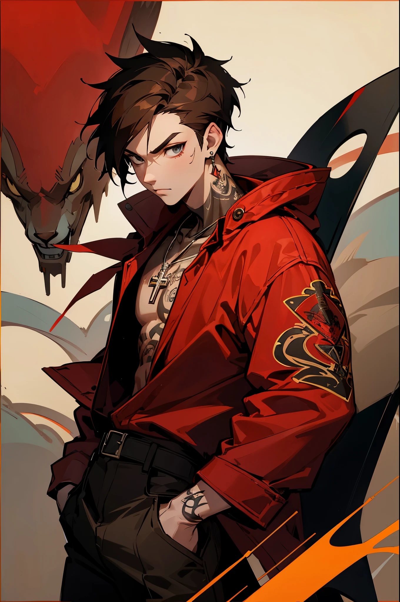 avatar,short brown hair, cross necklace, red jacket, earrings, tattoo, young male