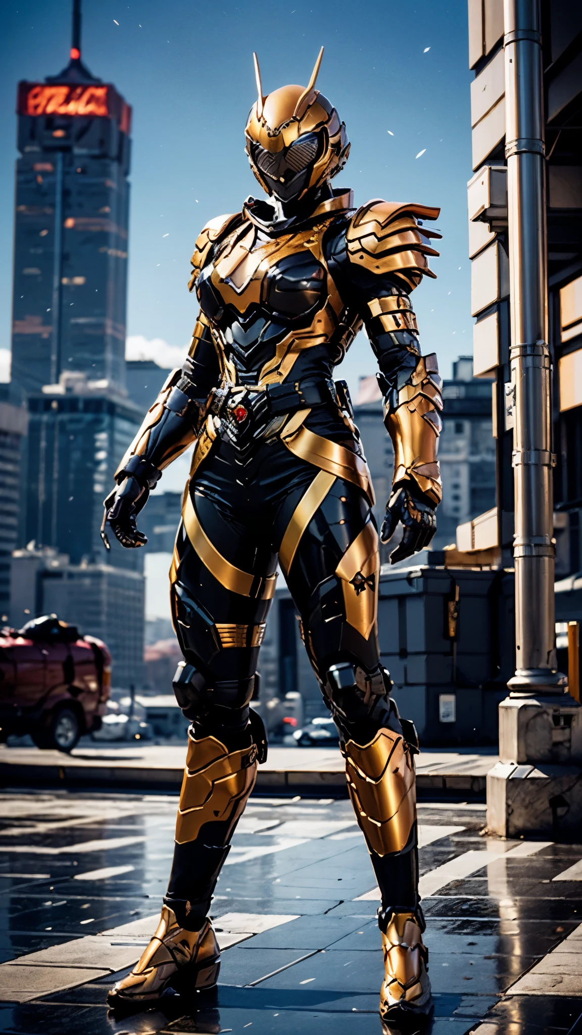 A woman adorned in fantasy-style full-body armor, a crown-concept fully enclosed helmet that unveils only her eyes, a composite layered chest plate, fully encompassing shoulder and hand guards, a lightweight waist armor, form-fitting shin guards, the overall design is heavy-duty yet flexible, ((the armor gleams with a golden glow, complemented by red and blue accents)), exhibiting a noble aura, she floats above the Futuristic city, this character embodies a finely crafted fantasy-surreal style armored hero in anime style, exquisite and mature manga art style, (Dragon concept Armor, photorealistic:1.4, real texture material:1.2), ((city night view, elegant, goddess, femminine:1.5)), metallic, high definition, best quality, highres, ultra-detailed, ultra-fine painting, extremely delicate, professional, anatomically correct, symmetrical face, extremely detailed eyes and face, high quality eyes, creativity, RAW photo, UHD, 32k, Natural light, cinematic lighting, masterpiece-anatomy-perfect, masterpiece:1.5