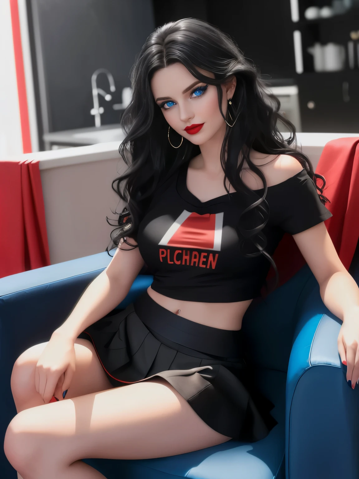 Caucasian woman; black hair, wavy hair, long hair, hair parted in the middle; blue eyes, ((lined eyes)), ((highlight blue eyes)), bright eyes; ((red lipstick)), ((makeup)); smile, athletic body, medium breasts, nipples; ((black cloth top)), ((black cloth short skirt)), sitting in modern armchair, modern house, front view, shot from below.