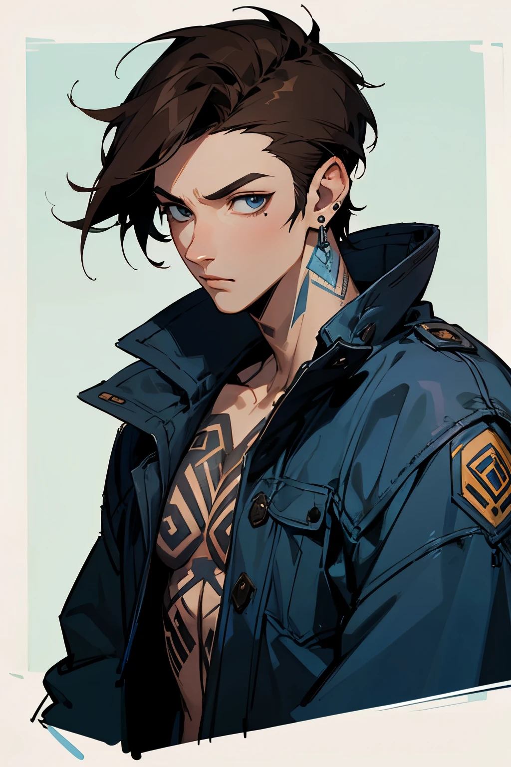 avatar,short brown hair, blue jacket, earrings, tattoo, young male